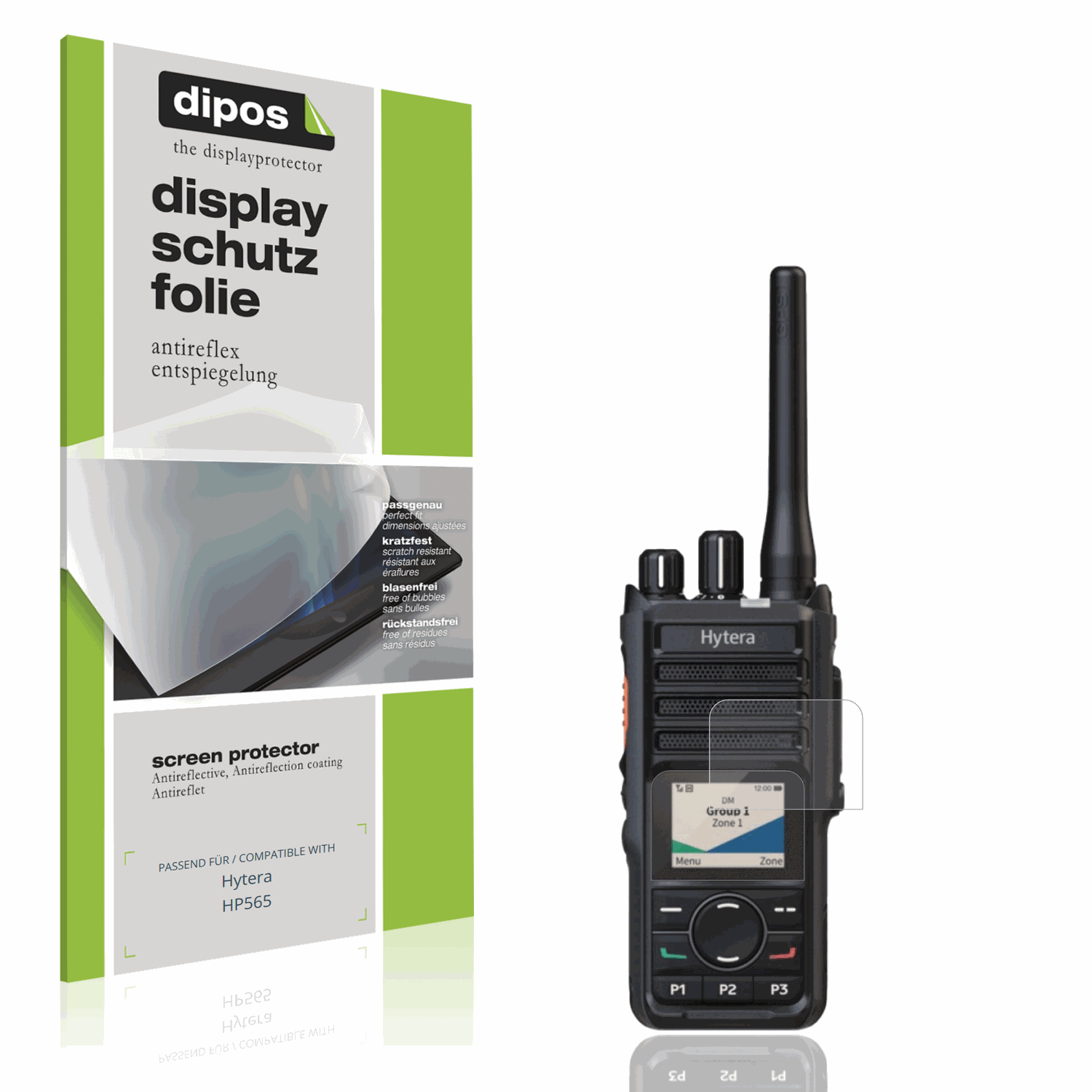 Matte Displayschutzfolie von dipos passend für Hytera HP565, präziser Zuschnitt und blasenfrei montiert