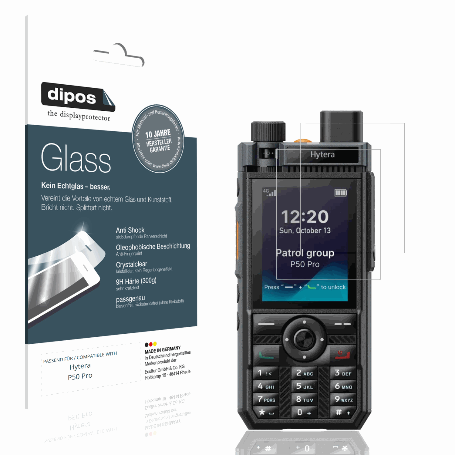 Klare Displayschutzfolie von dipos passend für Hytera P50 Pro, 9H kratzfest und blasenfrei montiert
