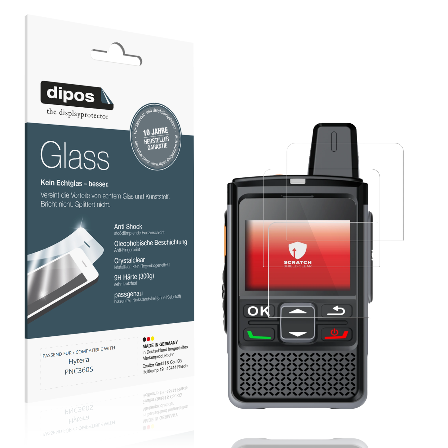 Klare Displayschutzfolie von dipos passend für Hytera PNC360S, 9H kratzfest und blasenfrei montiert