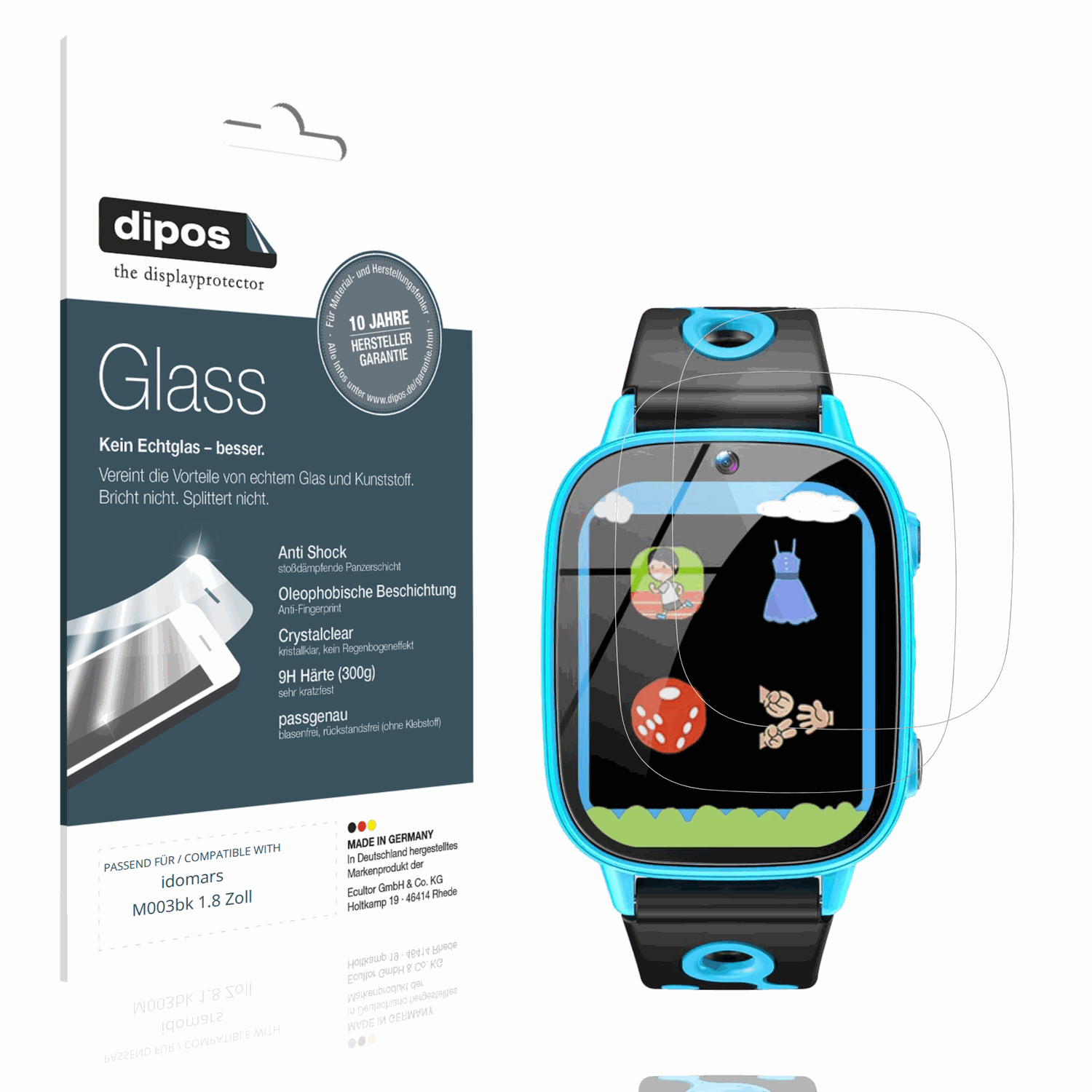 Klare Displayschutzfolie von dipos passend für idomars M003bk 1.8 Zoll, 9H kratzfest und blasenfrei montiert