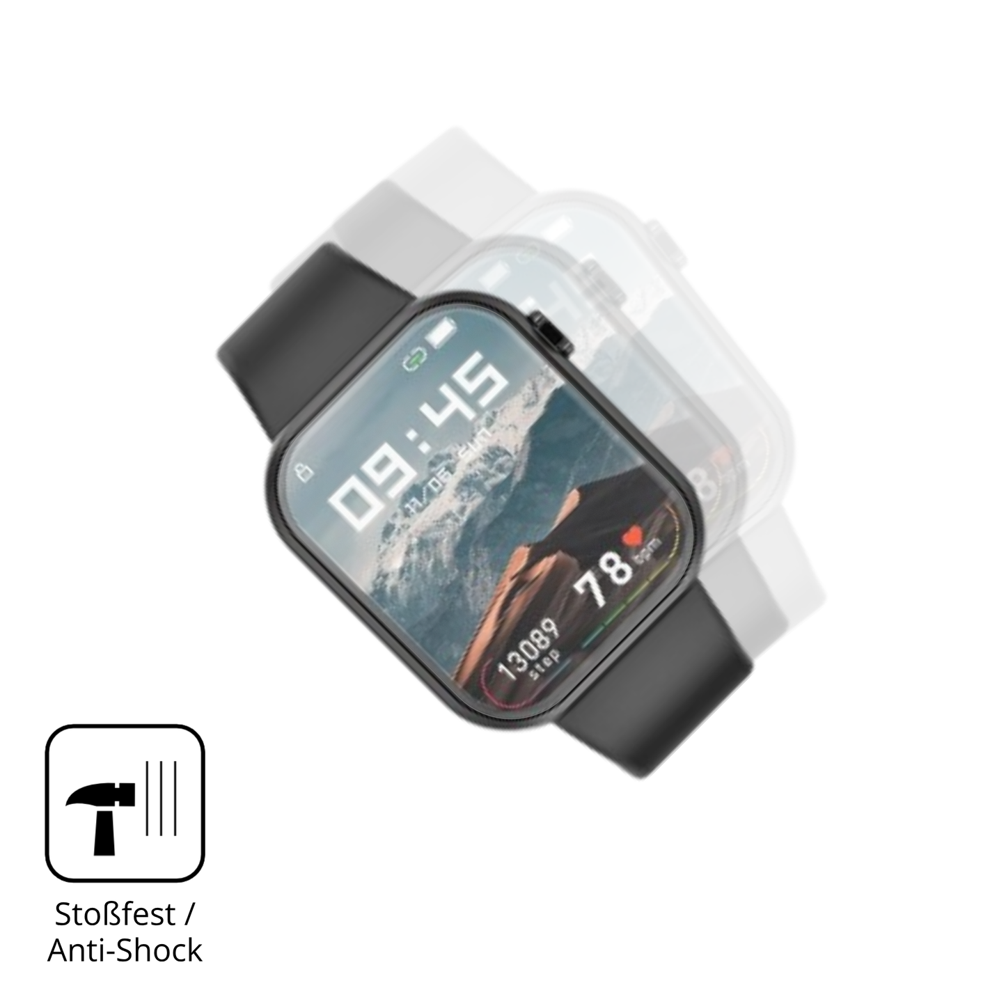 Schutz gegen Kratzer auf dem ignovatetr smartwatch Glas durch Schlüssel, Stöße gegen die Tischkante oder Stürze