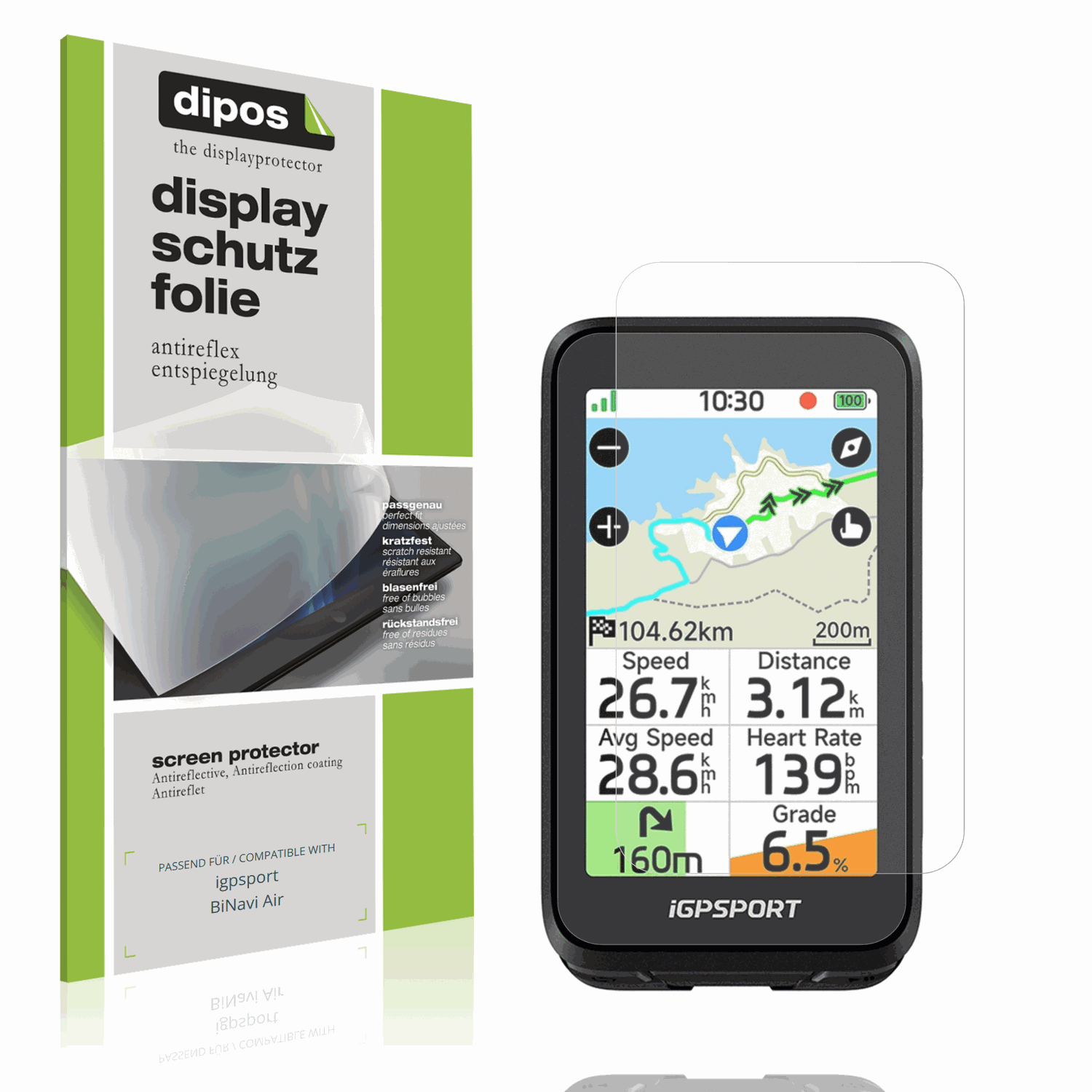 Matte Displayschutzfolie von dipos passend für igpsport BiNavi Air, präziser Zuschnitt und blasenfrei montiert