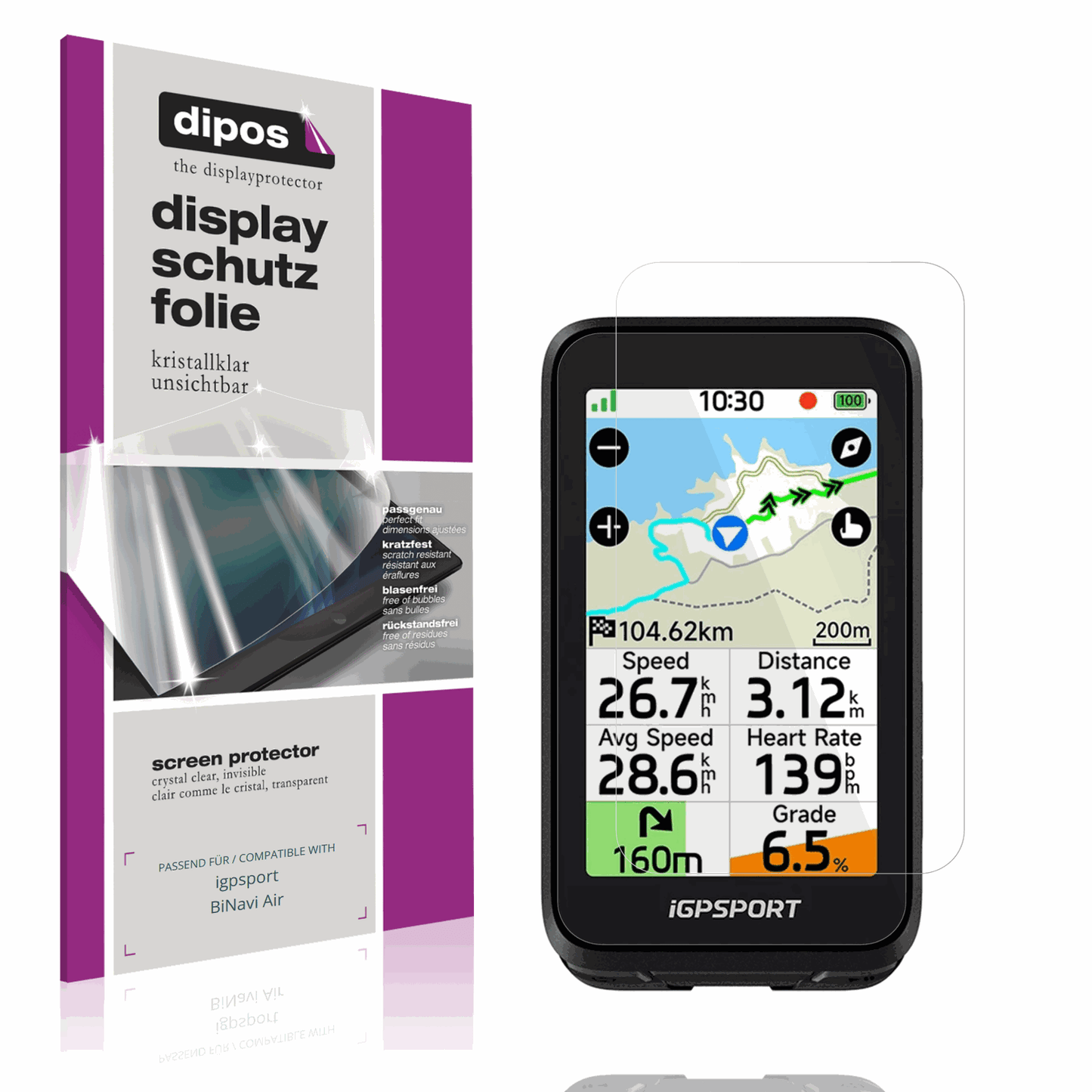 Klare Displayschutzfolie von dipos passend für igpsport BiNavi Air, präziser Zuschnitt und blasenfrei montiert