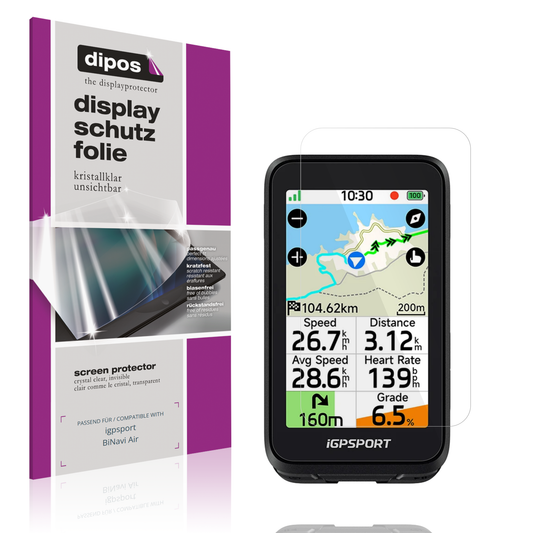 Klare Displayschutzfolie von dipos passend für igpsport BiNavi Air, präziser Zuschnitt und blasenfrei montiert