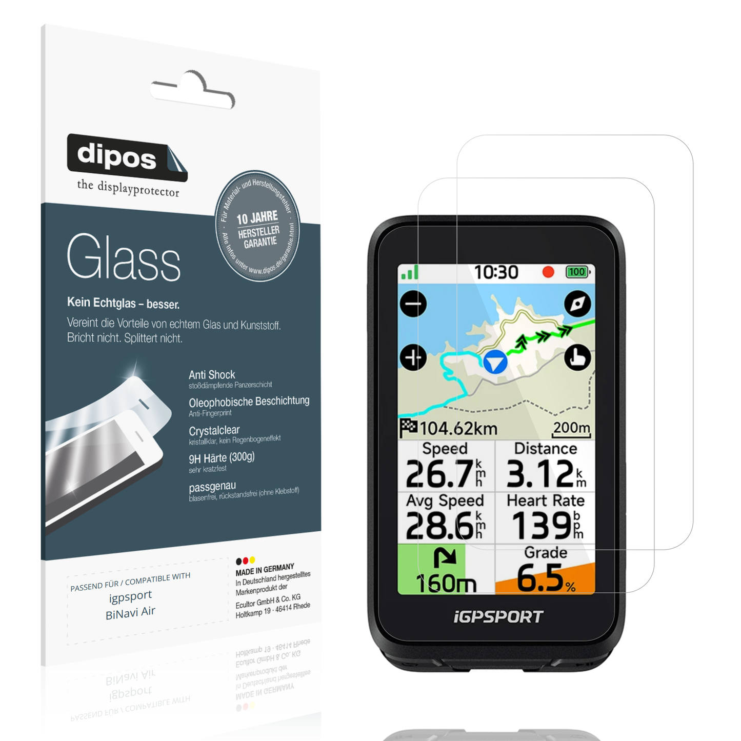 Klare Displayschutzfolie von dipos passend für igpsport BiNavi Air, 9H kratzfest und blasenfrei montiert