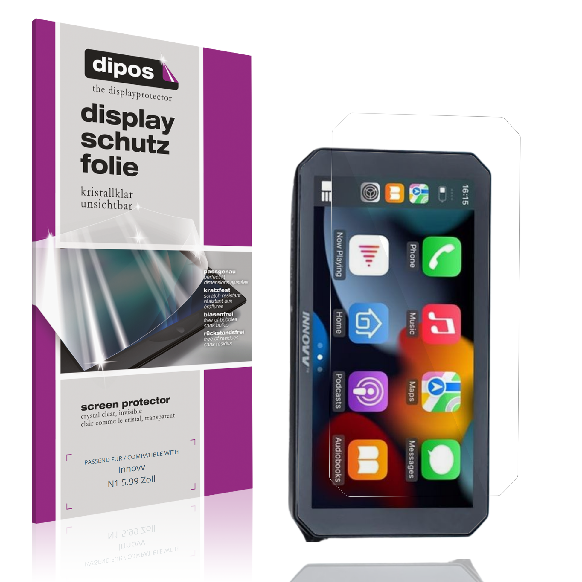 Klare Displayschutzfolie von dipos passend für Innovv N1 5.99 Zoll, präziser Zuschnitt und blasenfrei montiert