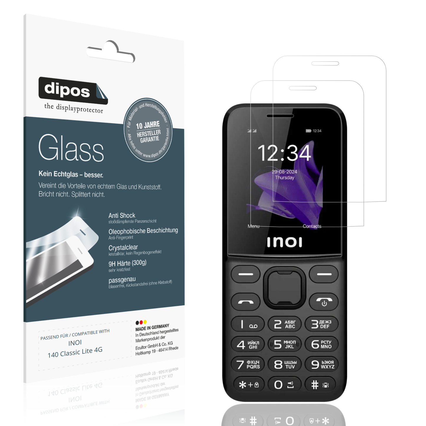 Klare Displayschutzfolie von dipos passend für INOI 140 Classic Lite 4G, 9H kratzfest und blasenfrei montiert