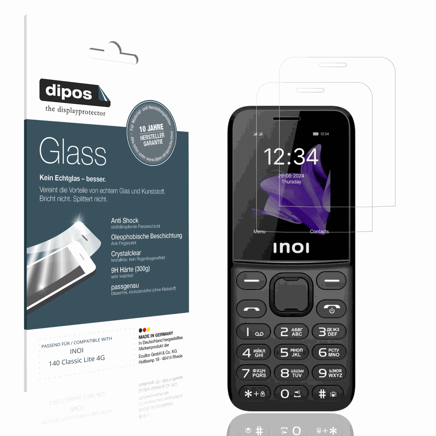 Klare Displayschutzfolie von dipos passend für INOI 140 Classic Lite 4G, 9H kratzfest und blasenfrei montiert