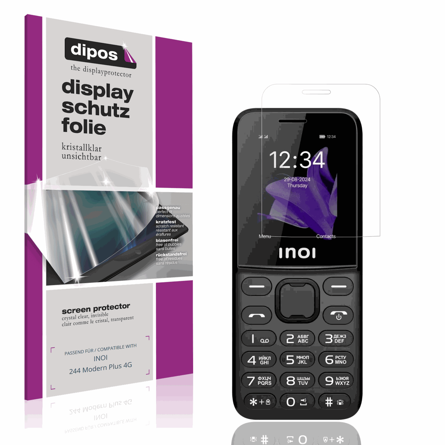 Klare Displayschutzfolie von dipos passend für INOI 244 Modern Plus 4G, präziser Zuschnitt und blasenfrei montiert