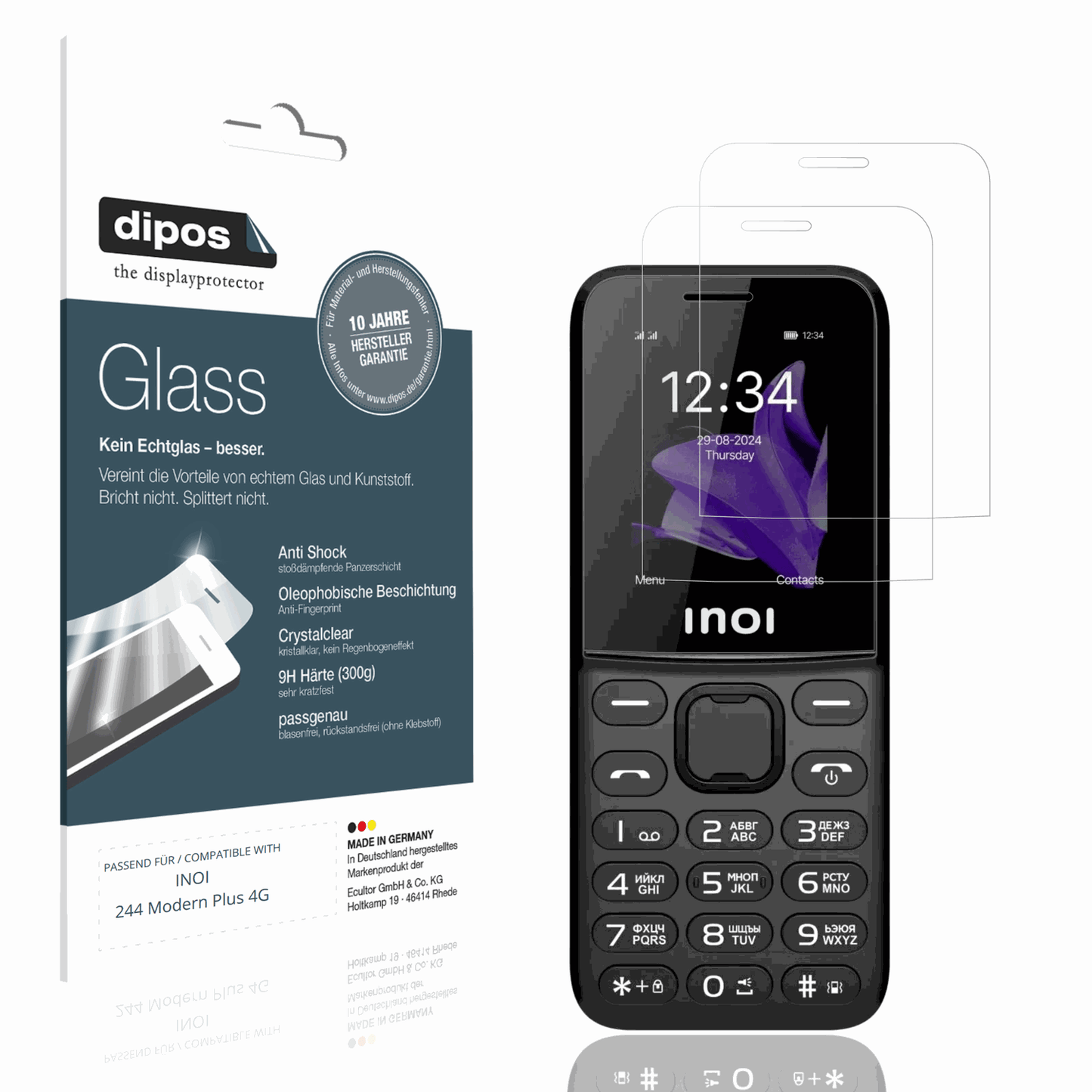 Klare Displayschutzfolie von dipos passend für INOI 244 Modern Plus 4G, 9H kratzfest und blasenfrei montiert