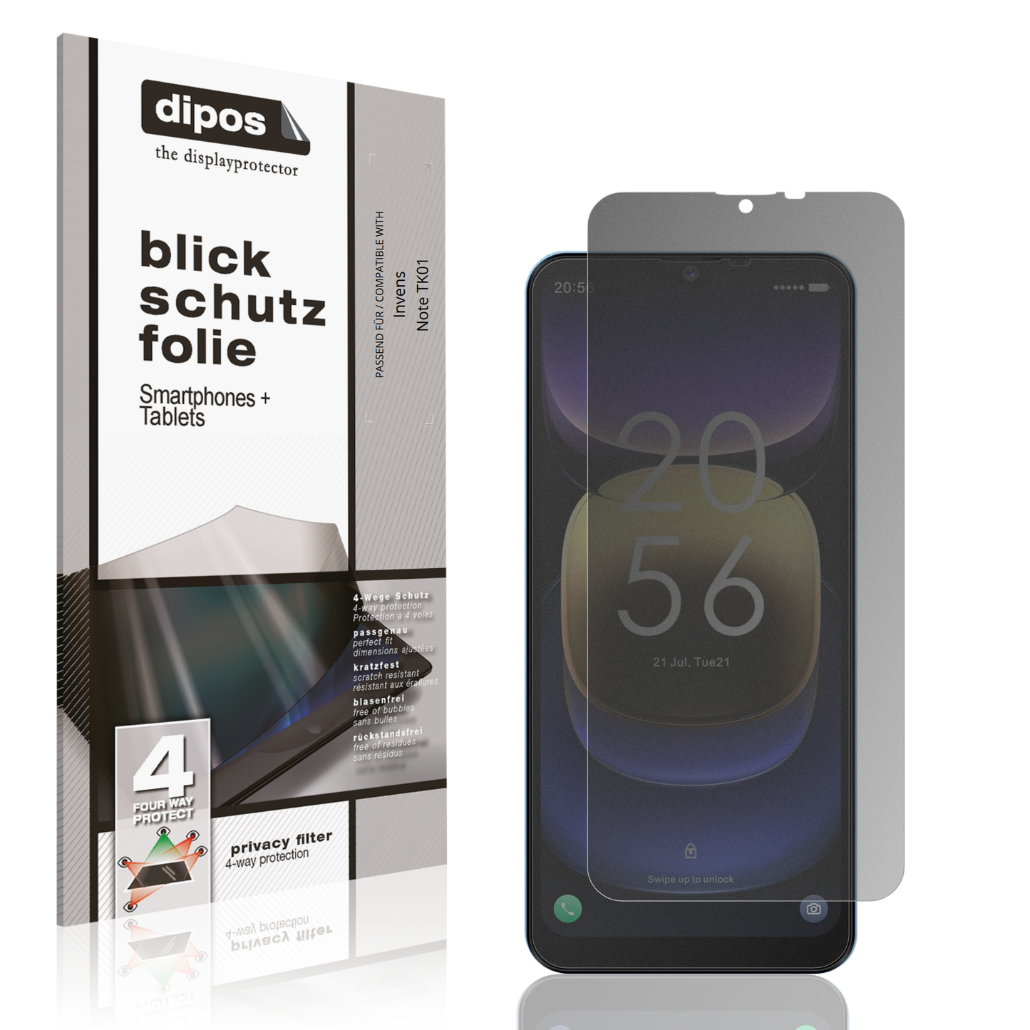 Blickschutzfolie von dipos passend für Invens Note TK01, präziser Zuschnitt und blasenfrei montiert