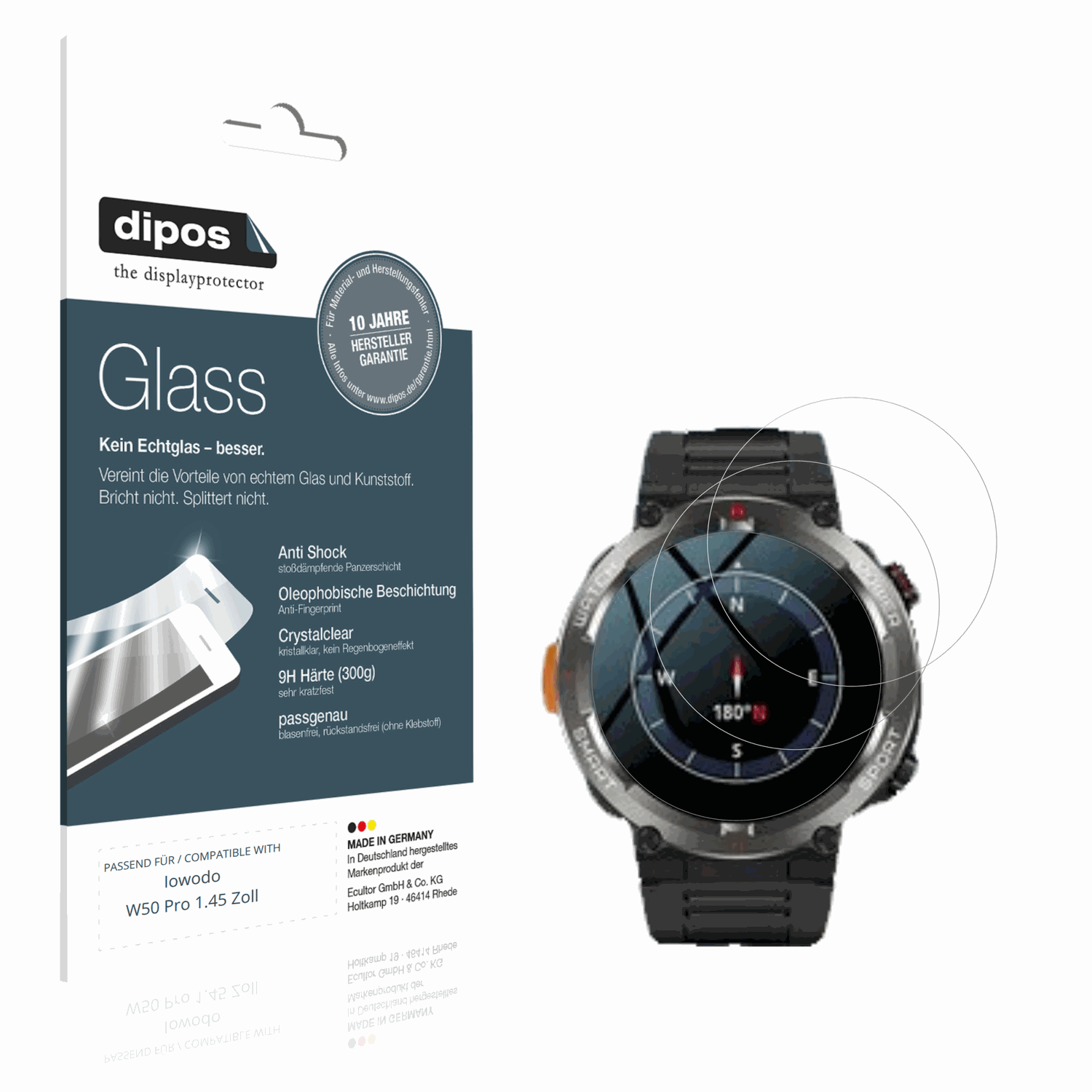 Klare Displayschutzfolie von dipos passend für Iowodo W50 Pro 1.45 Zoll, 9H kratzfest und blasenfrei montiert