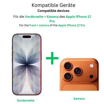 AppleiPhone 17 Pro mit Kameraschutz mit aufgebrachter dipos Displayschutzfolie, glasklare Darstellung ohne Einschränkungen