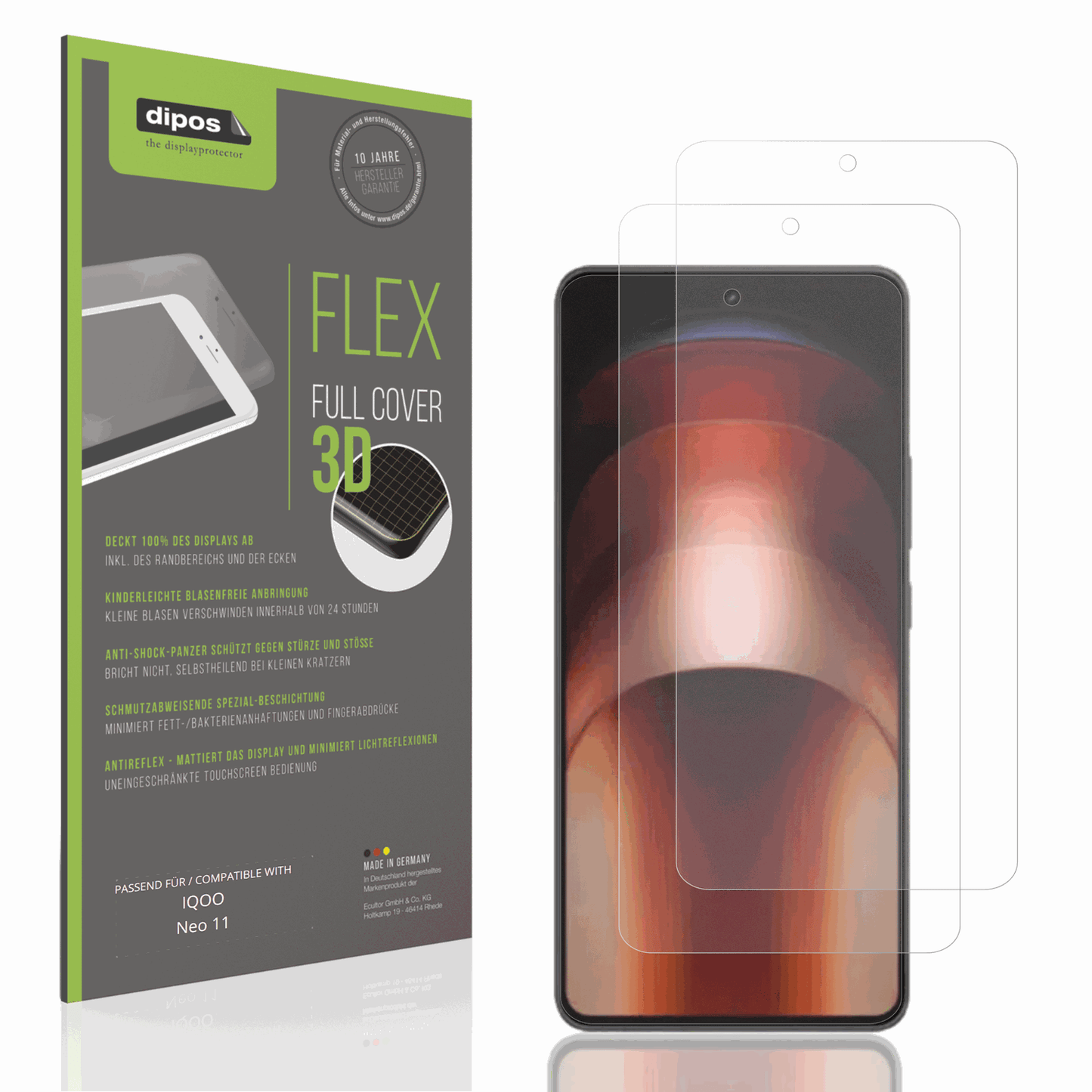 Matte Displayschutzfolie von dipos passend für iqooneo 11, 100% Displayabdeckung und blasenfreie Montage