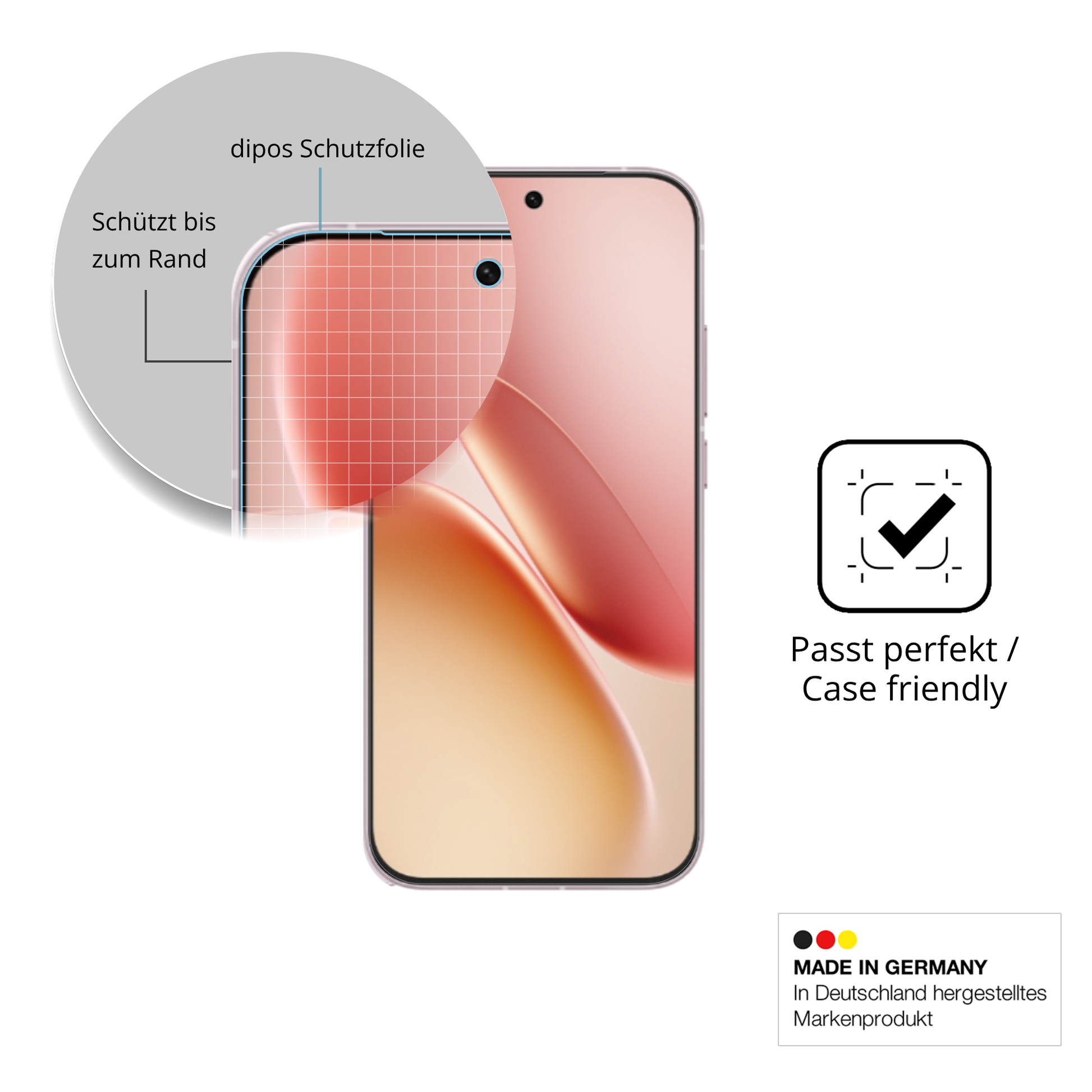 Schutzglasfolie mit optimaler Passform, zur Verwendung mit Hüllen geeignet