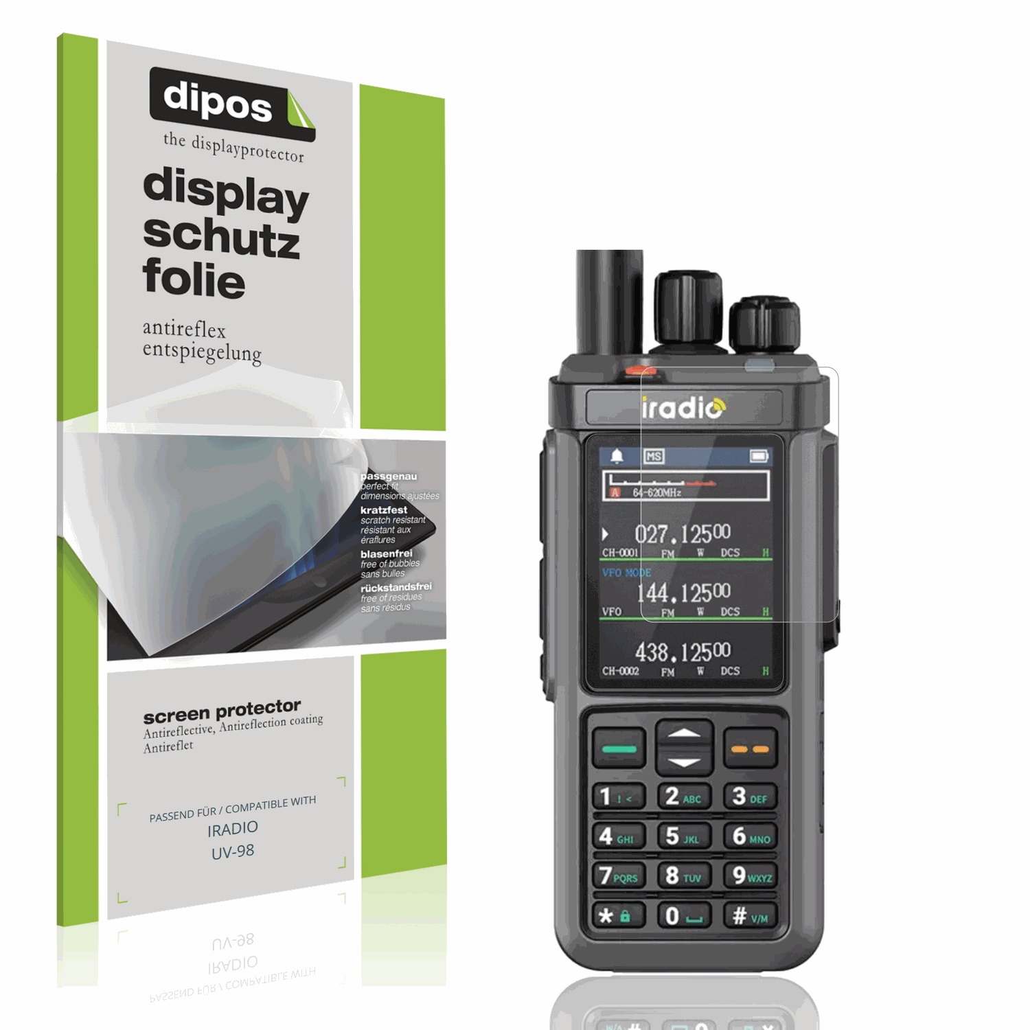 Matte Displayschutzfolie von dipos passend für IRADIO UV-98, präziser Zuschnitt und blasenfrei montiert