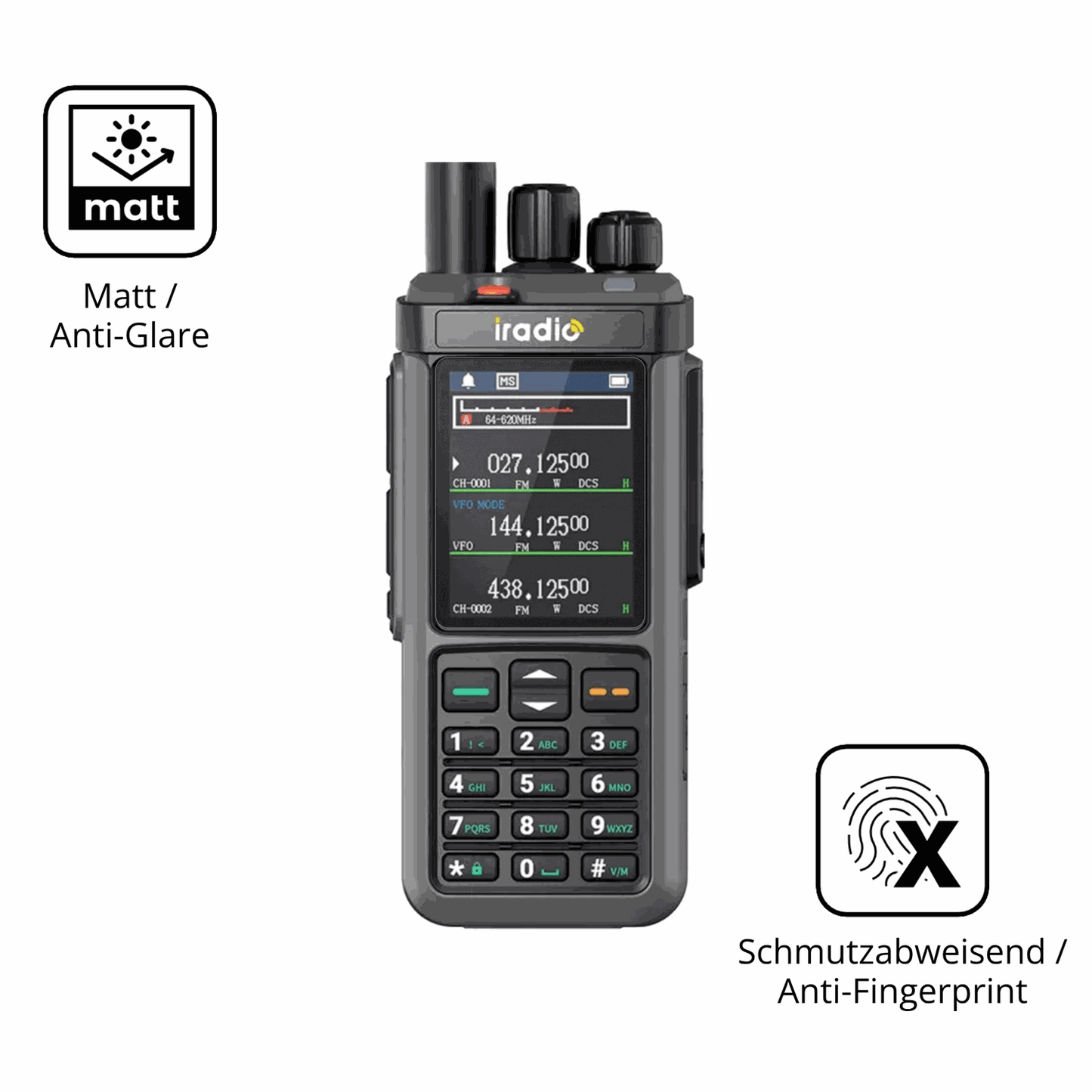 Dünne und entspiegelnde Folie passend zugeschnitten für IRADIO UV-98