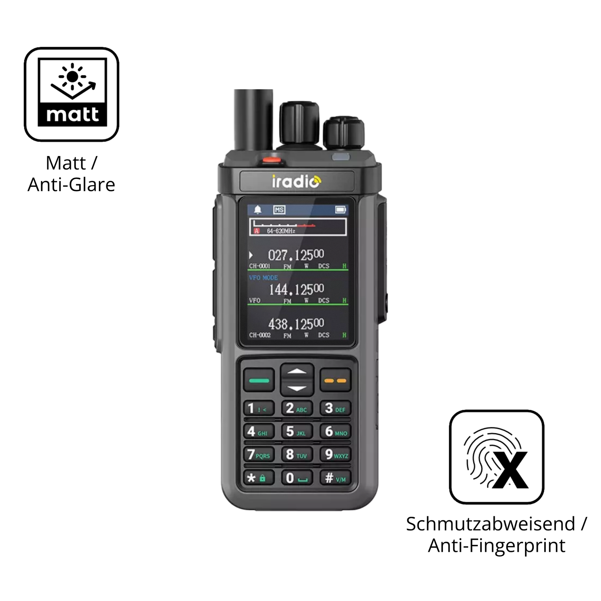 Dünne und entspiegelnde Folie passend zugeschnitten für IRADIO UV-98