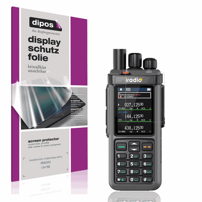 Klare Displayschutzfolie von dipos passend für IRADIO UV-98, präziser Zuschnitt und blasenfrei montiert
