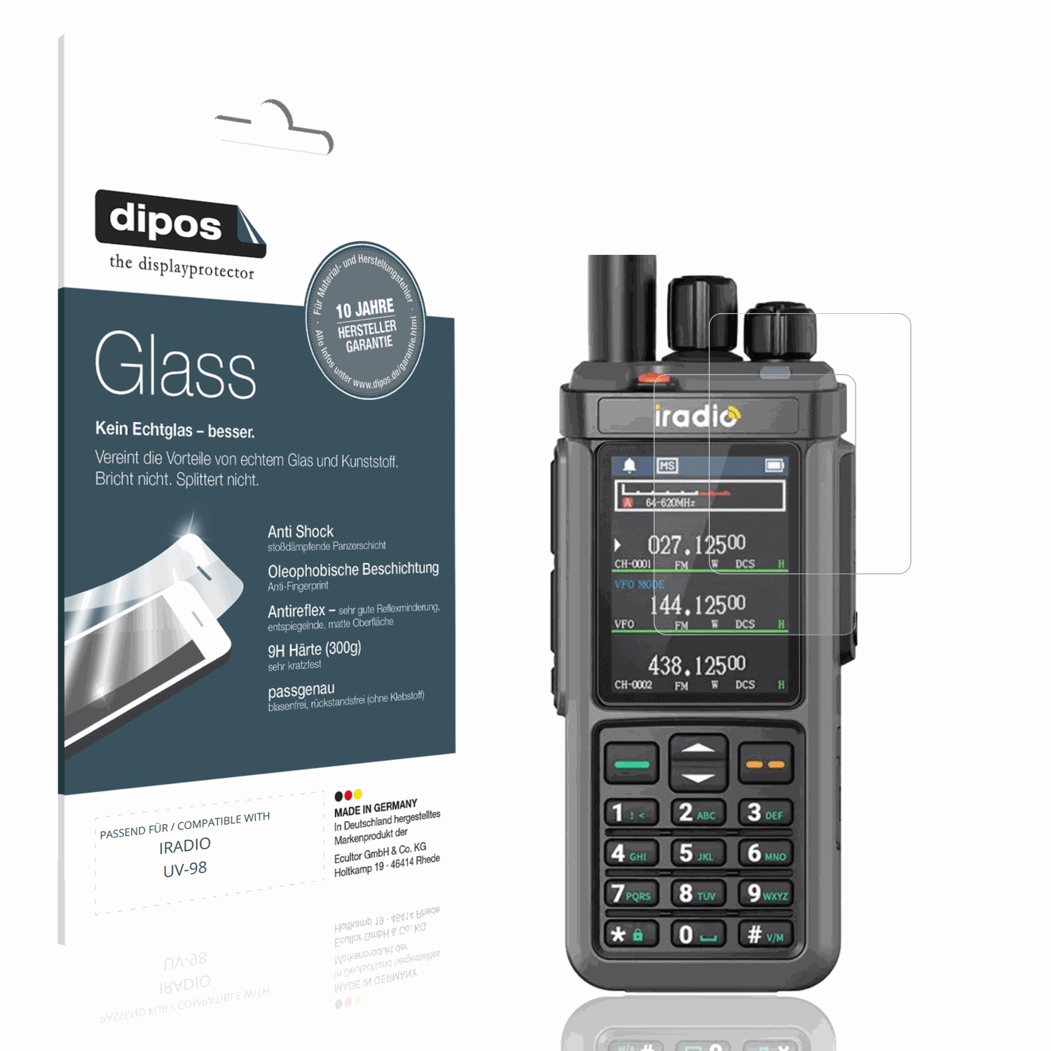Matte Displayschutzfolie von dipos passend für IRADIO UV-98, 9H kratzfest und blasenfrei montiert