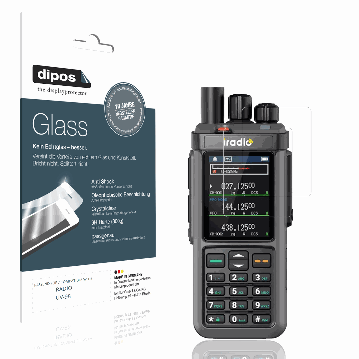 Klare Displayschutzfolie von dipos passend für IRADIO UV-98, 9H kratzfest und blasenfrei montiert