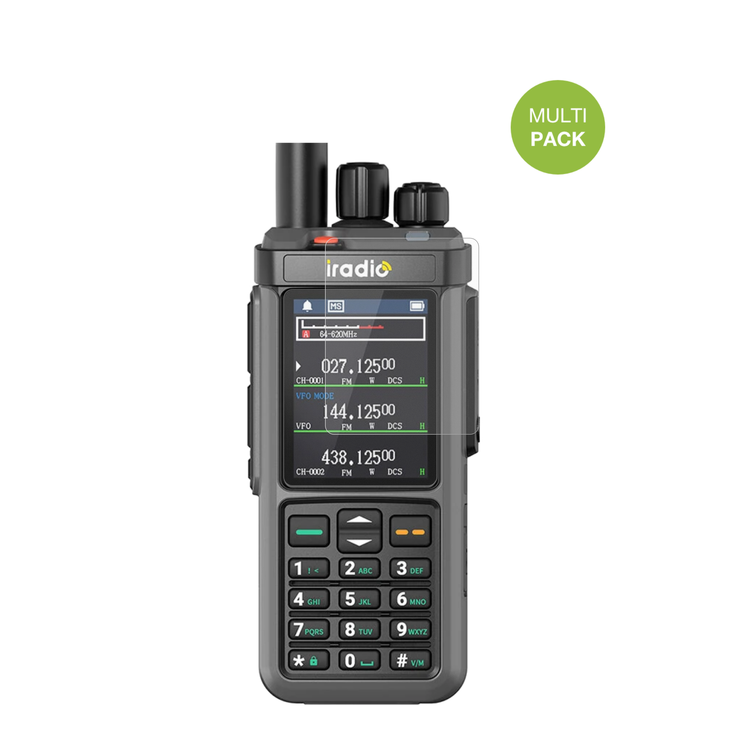 IRADIOUV-98 Plus mit aufgebrachter dipos Displayschutzfolie, die lästige Fingerabdrücke minimiert