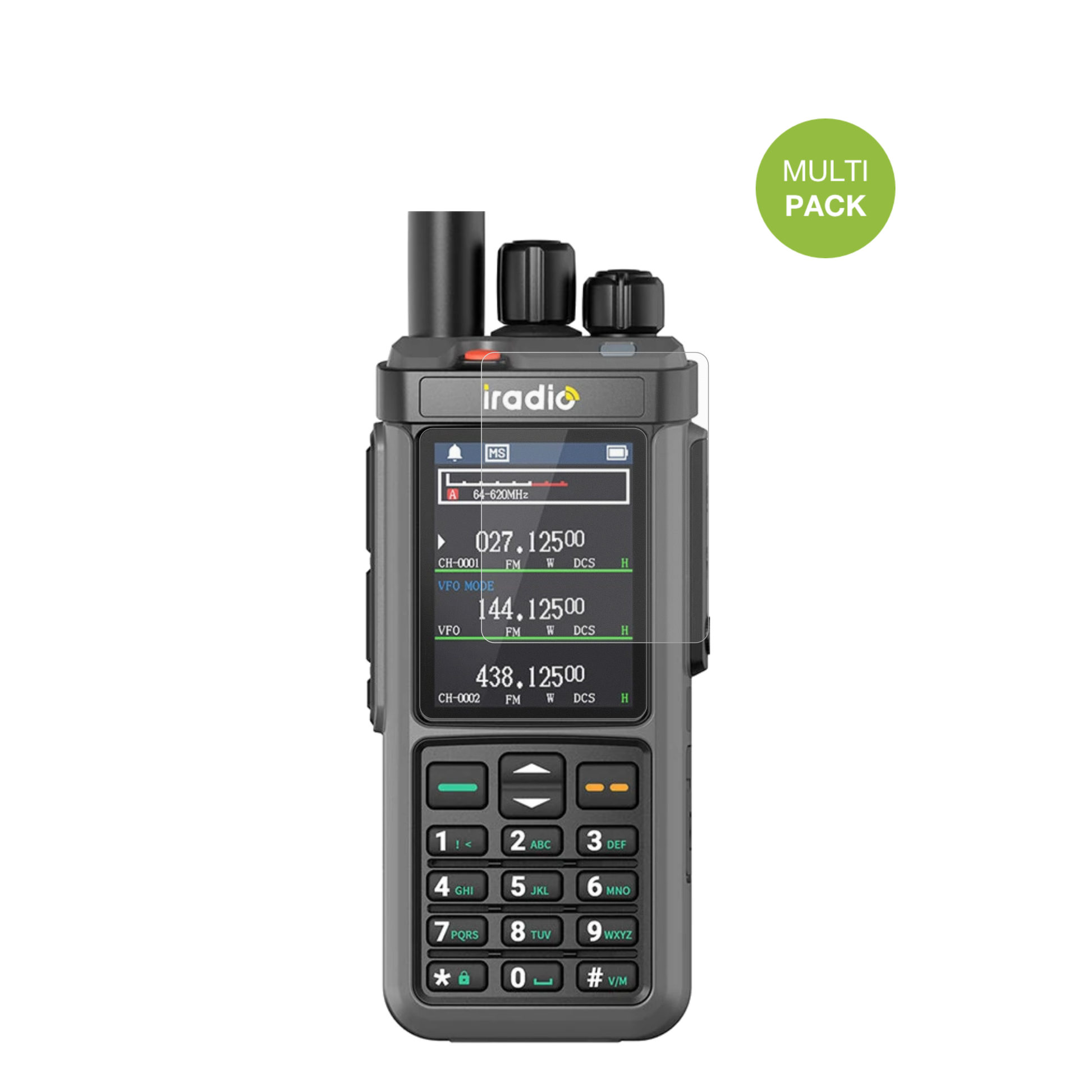 IRADIOUV-98 Plus mit aufgebrachter dipos Displayschutzfolie, die lästige Fingerabdrücke minimiert