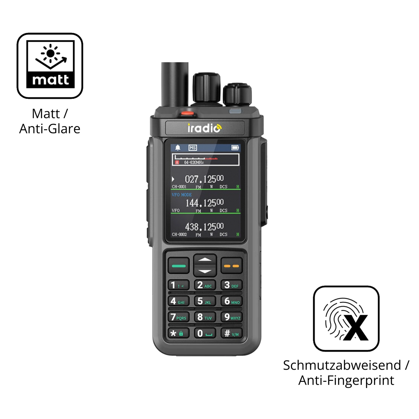 Dünne und entspiegelnde Folie passend zugeschnitten für IRADIO UV-98 Plus