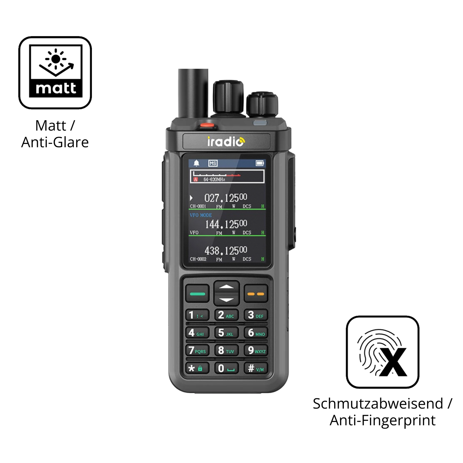 Dünne und entspiegelnde Folie passend zugeschnitten für IRADIO UV-98 Plus