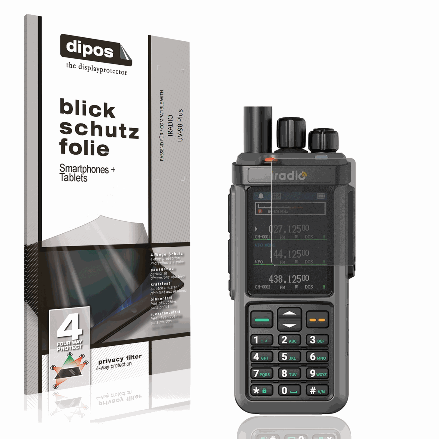 Blickschutzfolie von dipos passend für IRADIO UV-98 Plus, präziser Zuschnitt und blasenfrei montiert