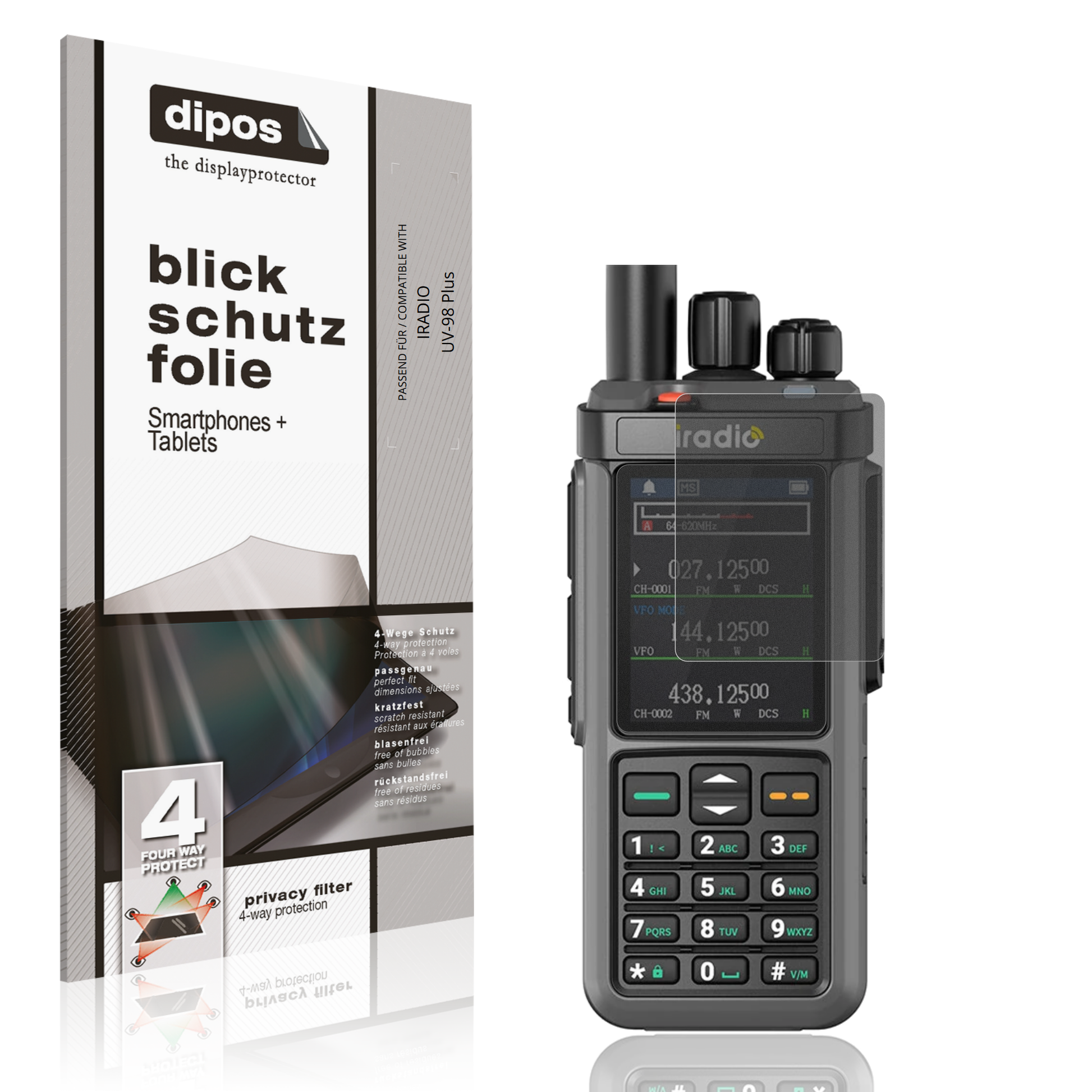 Blickschutzfolie von dipos passend für IRADIO UV-98 Plus, präziser Zuschnitt und blasenfrei montiert