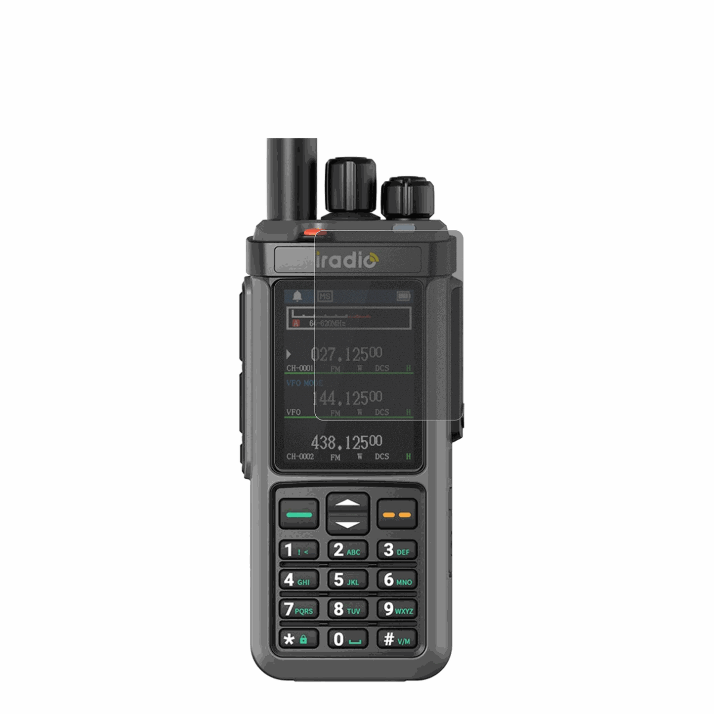 IRADIOUV-98 Plus mit aufgebrachtem dipos Displayschutz, der seitliche Einblicke blockiert