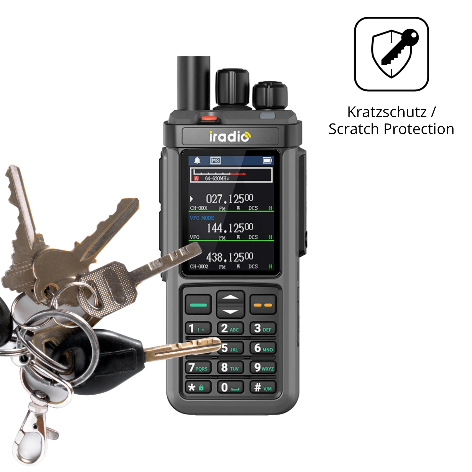 Schutz gegen Kratzer auf dem IRADIO UV-98 Plus Glas durch Schlüssel oder Ähnliches
