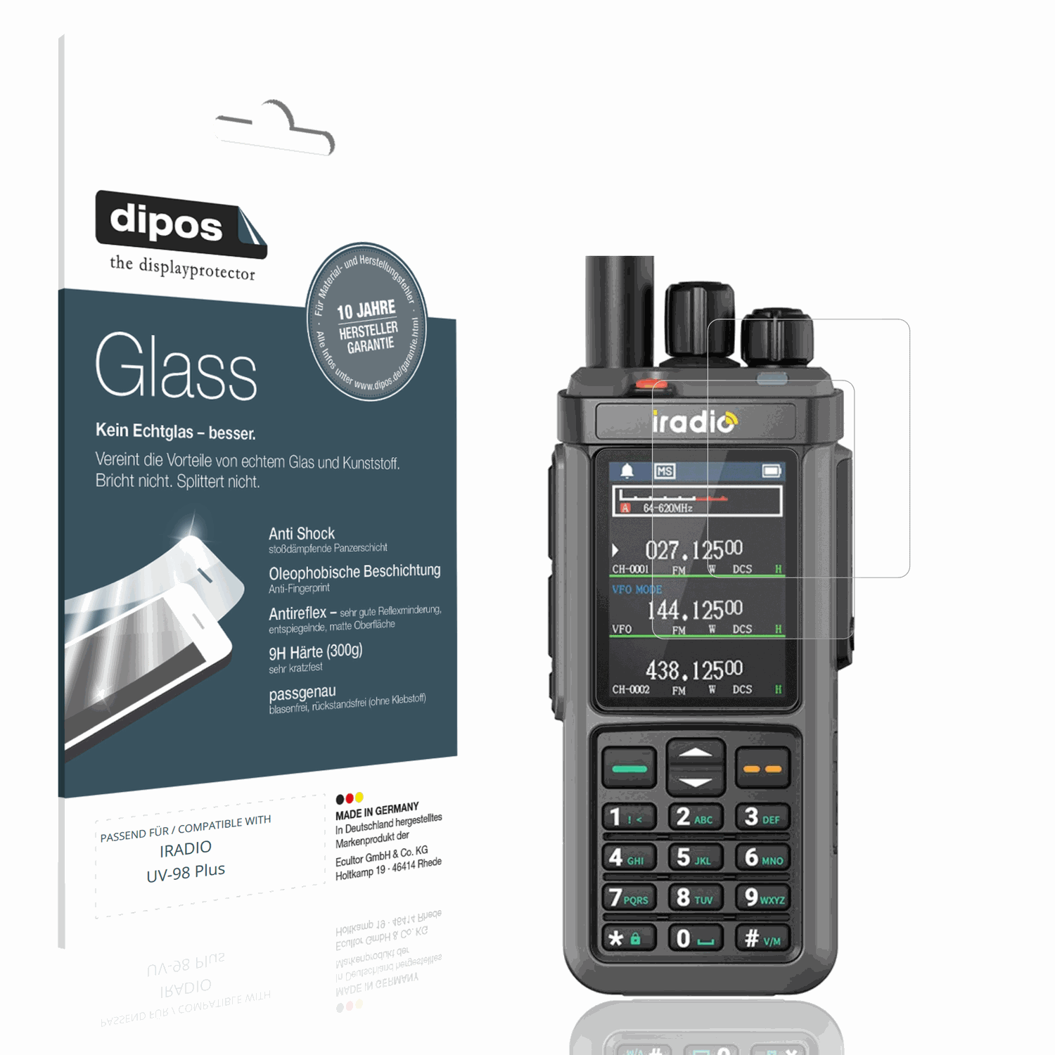 Matte Displayschutzfolie von dipos passend für IRADIO UV-98 Plus, 9H kratzfest und blasenfrei montiert