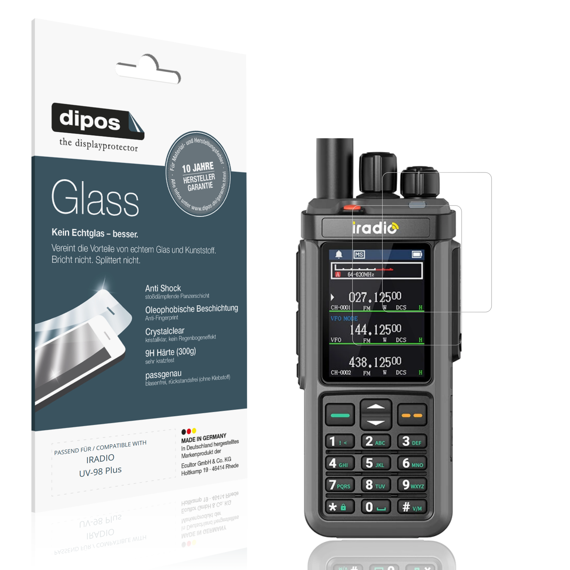 Klare Displayschutzfolie von dipos passend für IRADIO UV-98 Plus, 9H kratzfest und blasenfrei montiert