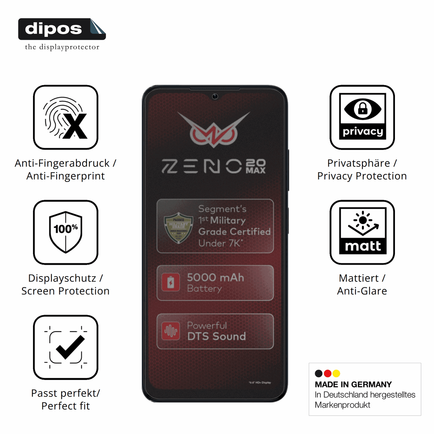Privatsphäre-Schutz durch Sichtschutz-Folie passend zugeschnitten für Itel Zeno 20 Max