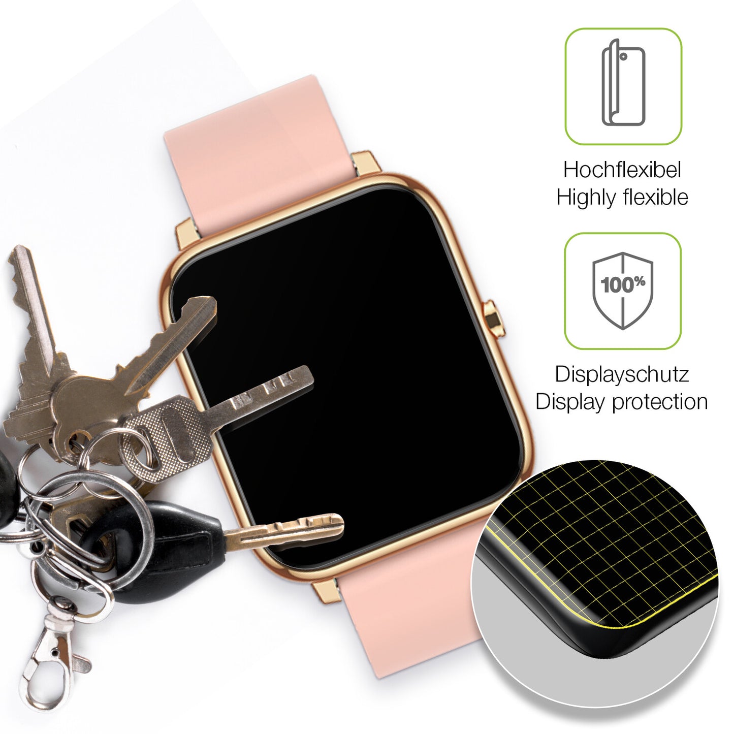 dipos Displayschutz für Kalinco CS201C Smartwatch, transparente Oberfläche, perfekte Passform auch für die Rundungen