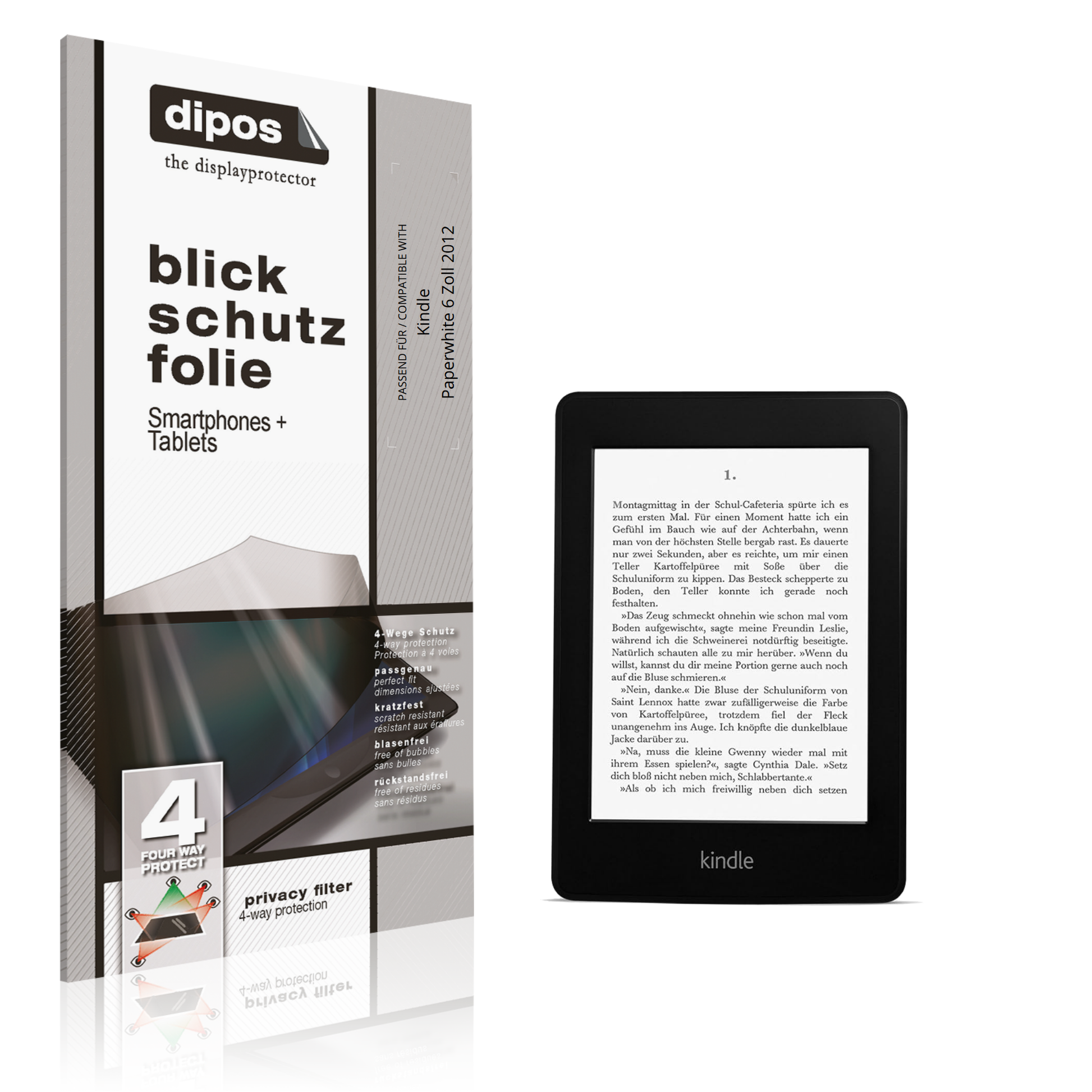 Blickschutzfolie von dipos passend für Kindle Paperwhite 6 Zoll 2012, präziser Zuschnitt und blasenfrei montiert