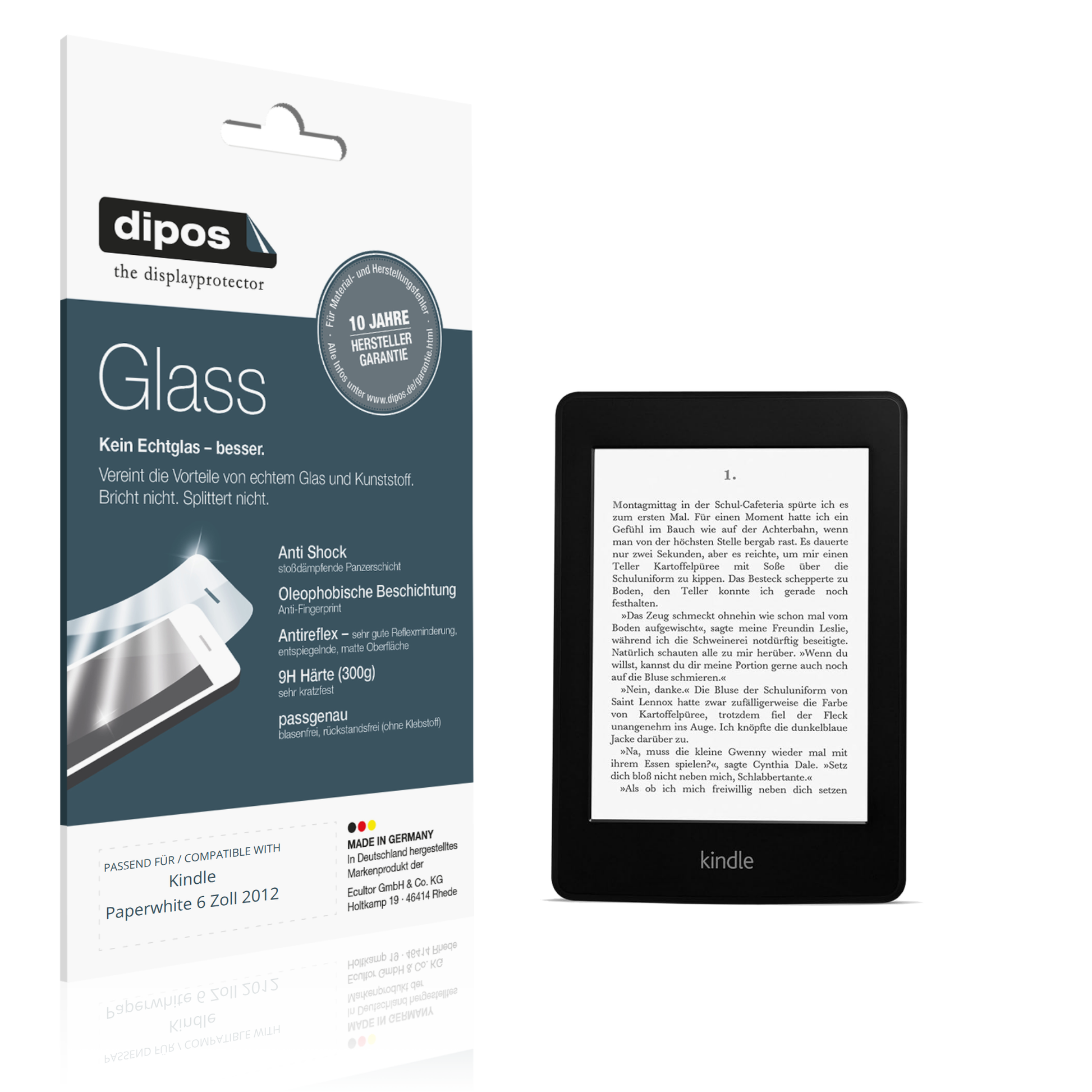 Matte Displayschutzfolie von dipos passend für Kindle Paperwhite 6 Zoll 2012, 9H kratzfest und blasenfrei montiert