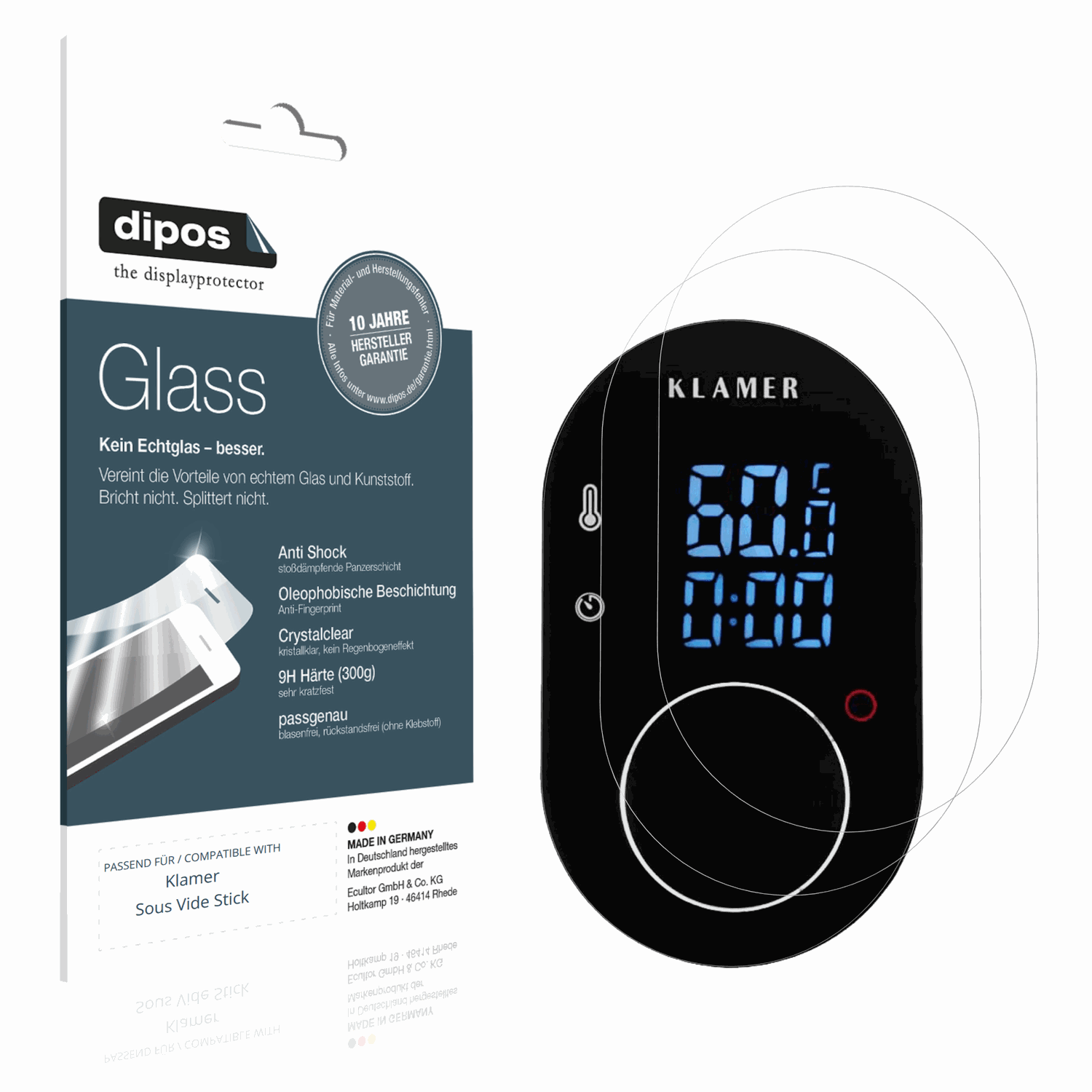 Klare Displayschutzfolie von dipos passend für Klamer Sous Vide Stick, 9H kratzfest und blasenfrei montiert