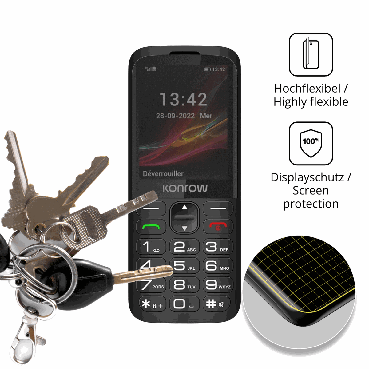 dipos Displayschutz für Konrow Senior 280, mit Blickschutzfilter und perfekter Passform auch für die Rundungen