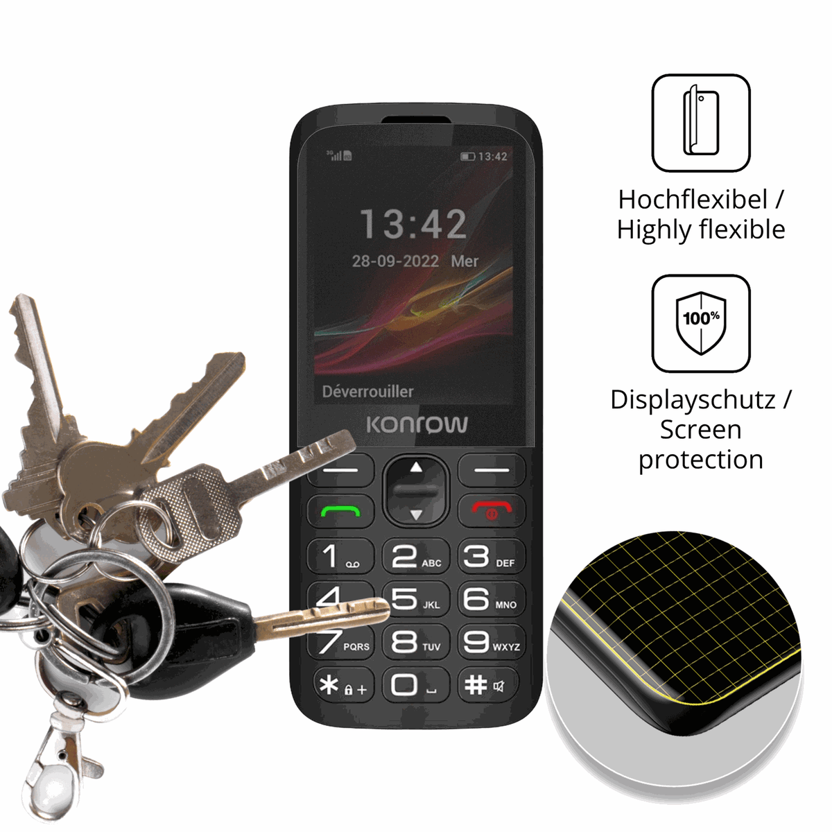 dipos Displayschutz für Konrow Senior 280 Next, mit Blickschutzfilter und perfekter Passform auch für die Rundungen