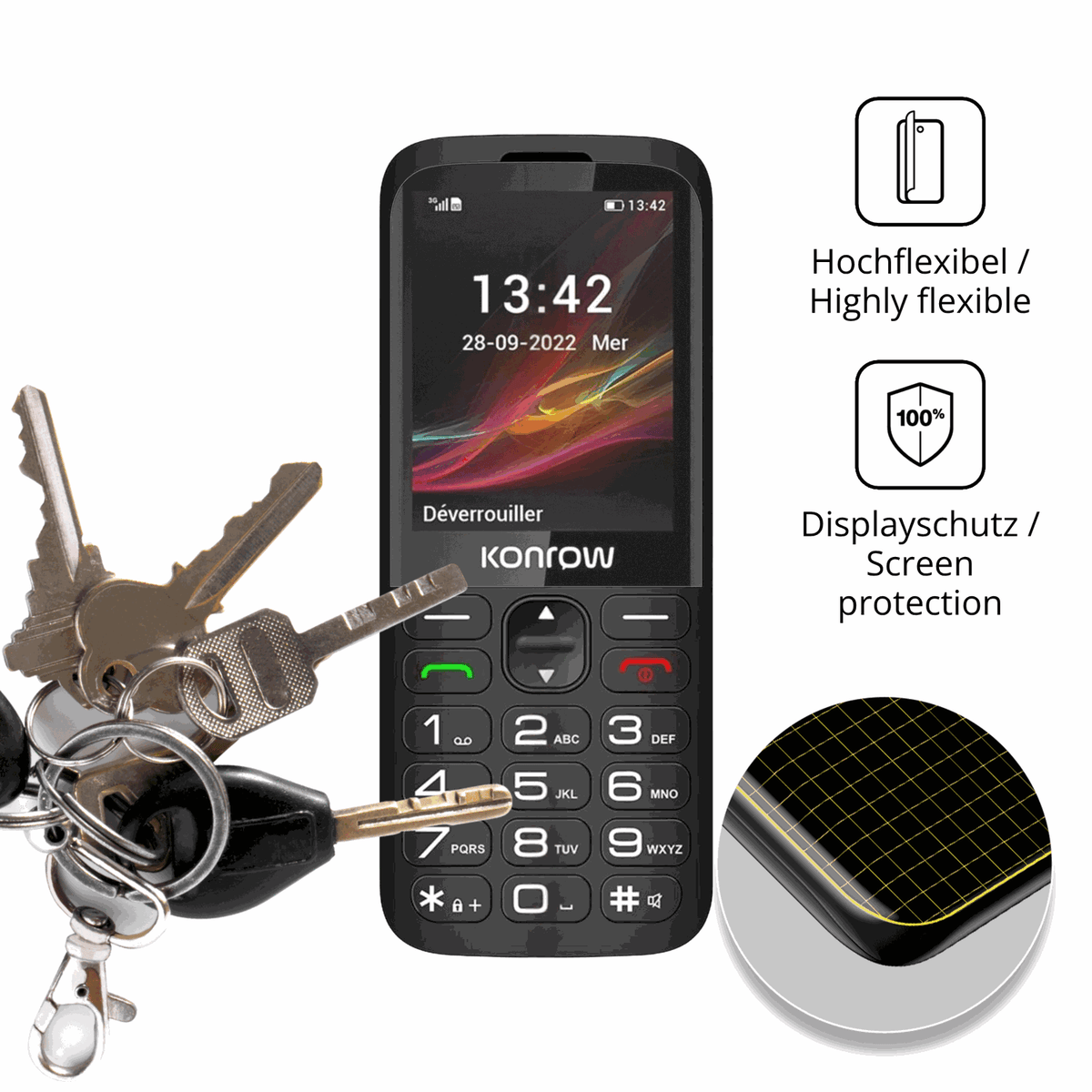 dipos Displayschutz für Konrow Senior 280 Next, transparente Oberfläche, perfekte Passform auch für die Rundungen