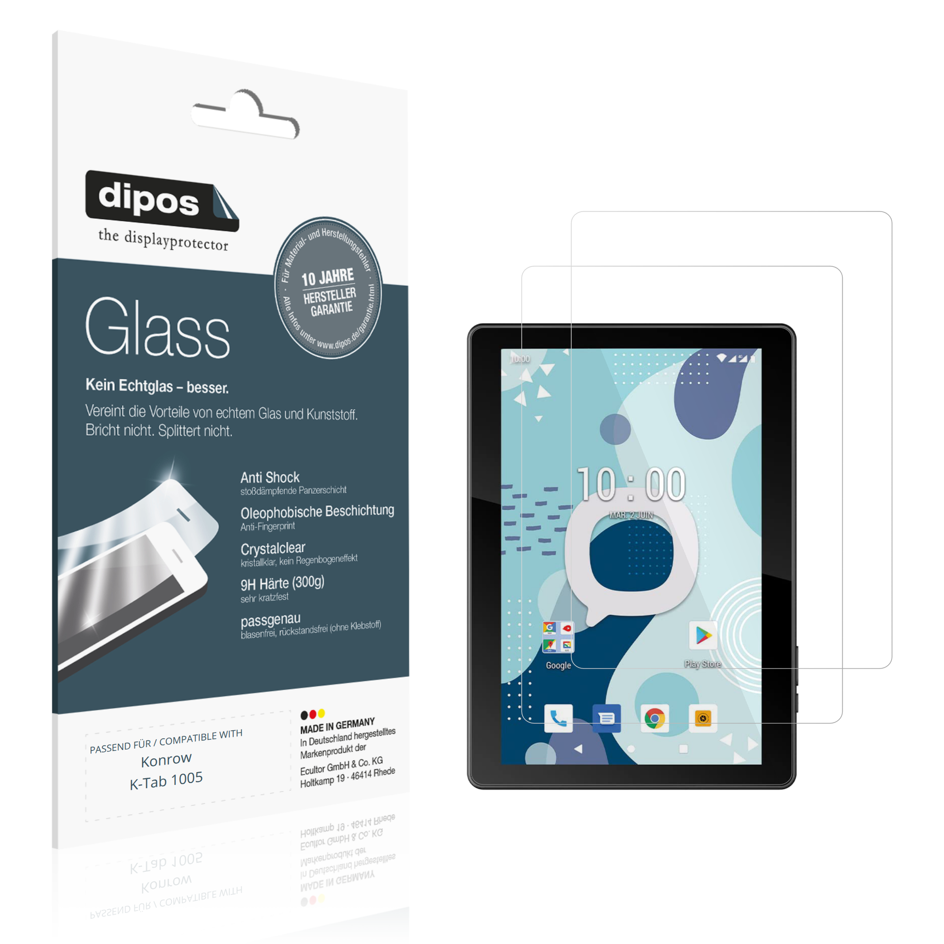 Klare Displayschutzfolie von dipos passend für Konrow K-Tab 1005, 9H kratzfest und blasenfrei montiert