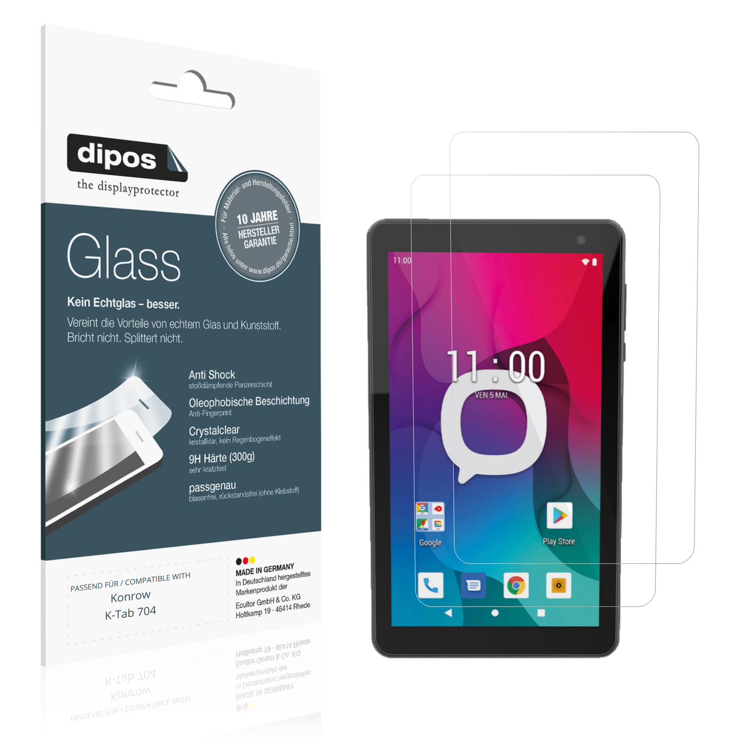 Klare Displayschutzfolie von dipos passend für Konrow K-Tab 704, 9H kratzfest und blasenfrei montiert