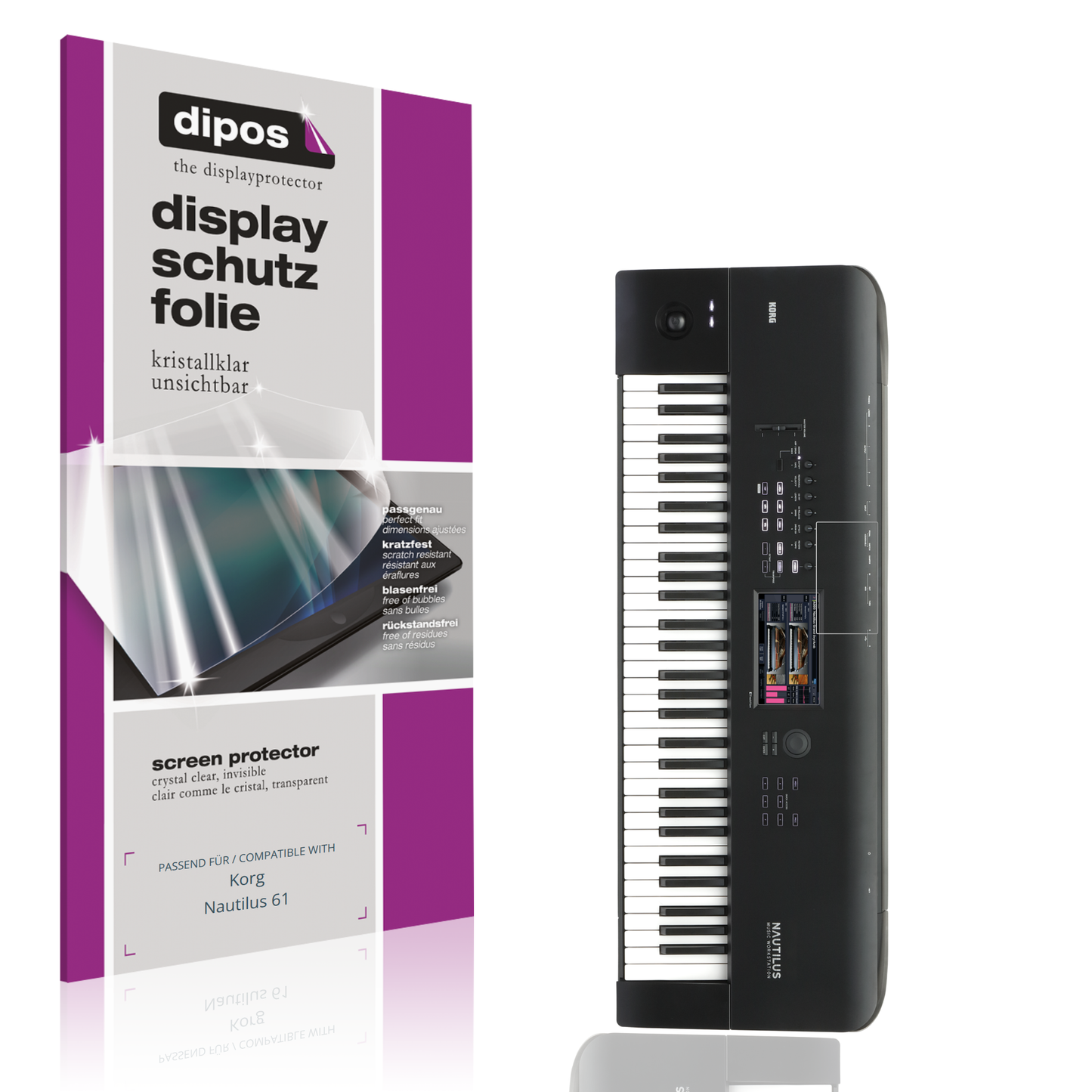 Klare Displayschutzfolie von dipos passend für Korg Nautilus 61, präziser Zuschnitt und blasenfrei montiert