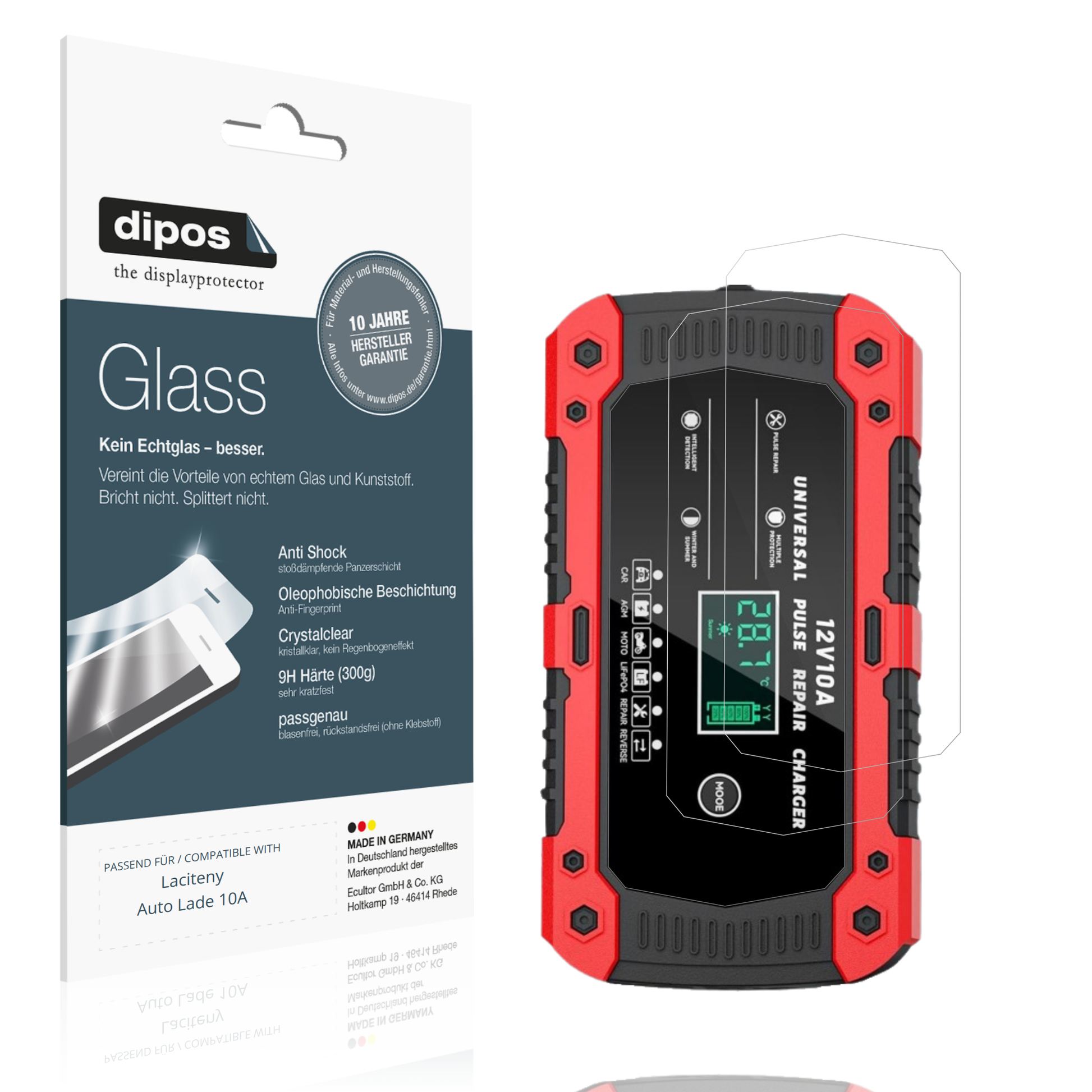 Klare Displayschutzfolie von dipos passend für Laciteny Auto Lade 10A, 9H kratzfest und blasenfrei montiert