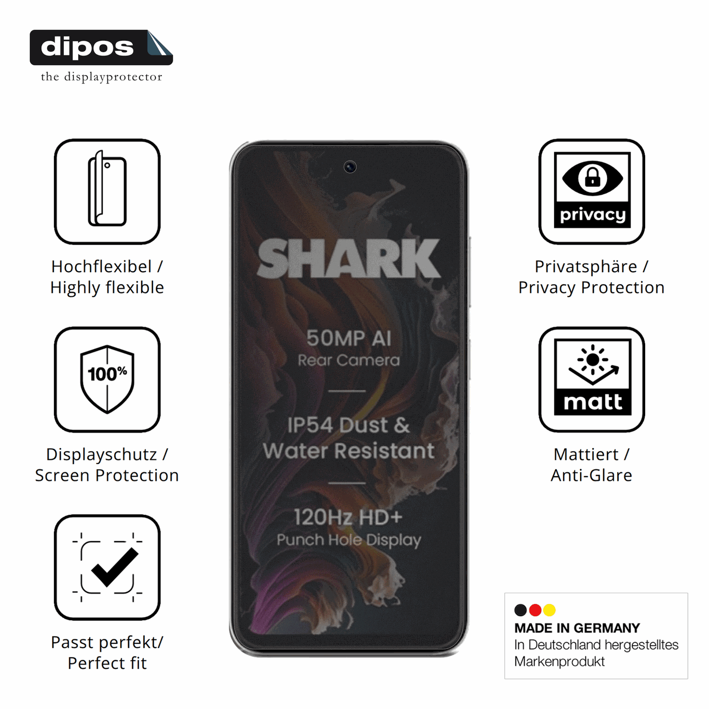 Flexible TPU-Folie passend zugeschnitten für Lava Shark 2, mit Privatsphäre-Schutz durch Sichtschutz-Folie