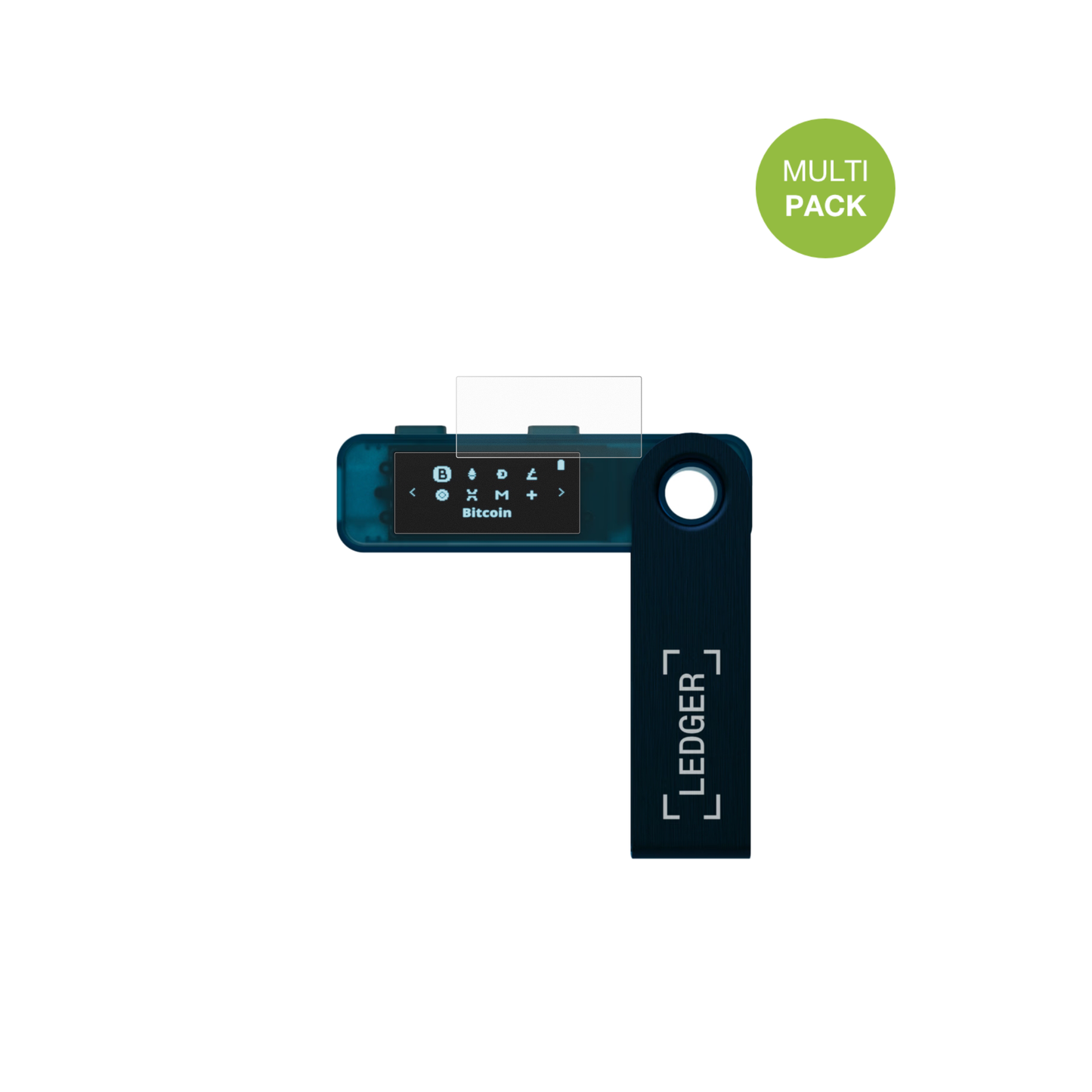 LedgerNano S Plus mit aufgebrachter dipos Displayschutzfolie, die lästige Fingerabdrücke minimiert