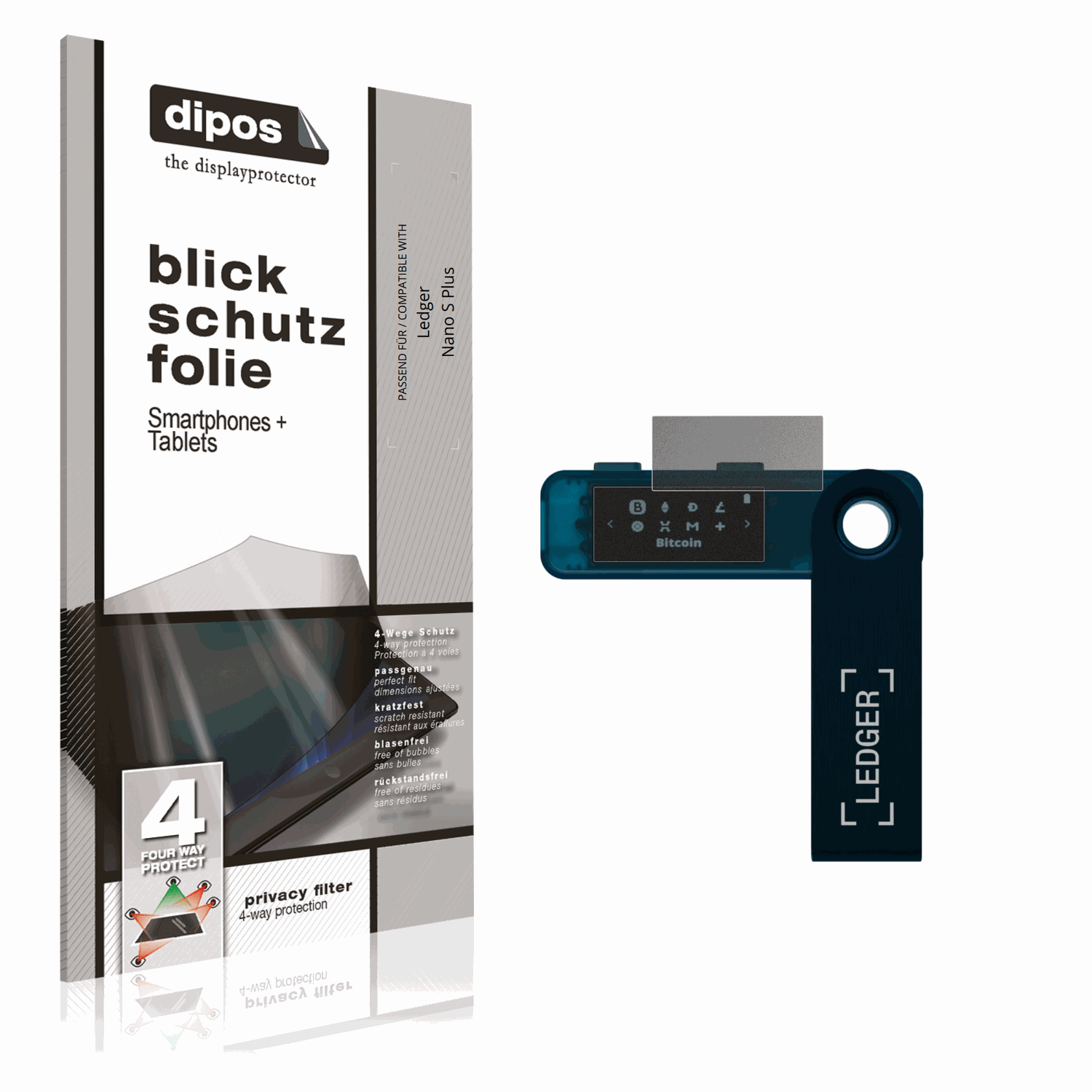 Blickschutzfolie von dipos passend für Ledger Nano S Plus, präziser Zuschnitt und blasenfrei montiert